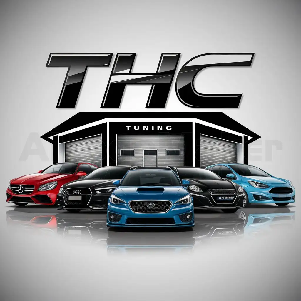 a logo design,with the text "THC", main symbol:Eine Fahrzeughalle im Hintergrund mit einem Mercedes in Rot  einem Audi in Schwarz einem Subaru in Blau einem Peugeot in Schwarz and a Ford in Light Blue,complex,be used in Tuning industry,clear background
