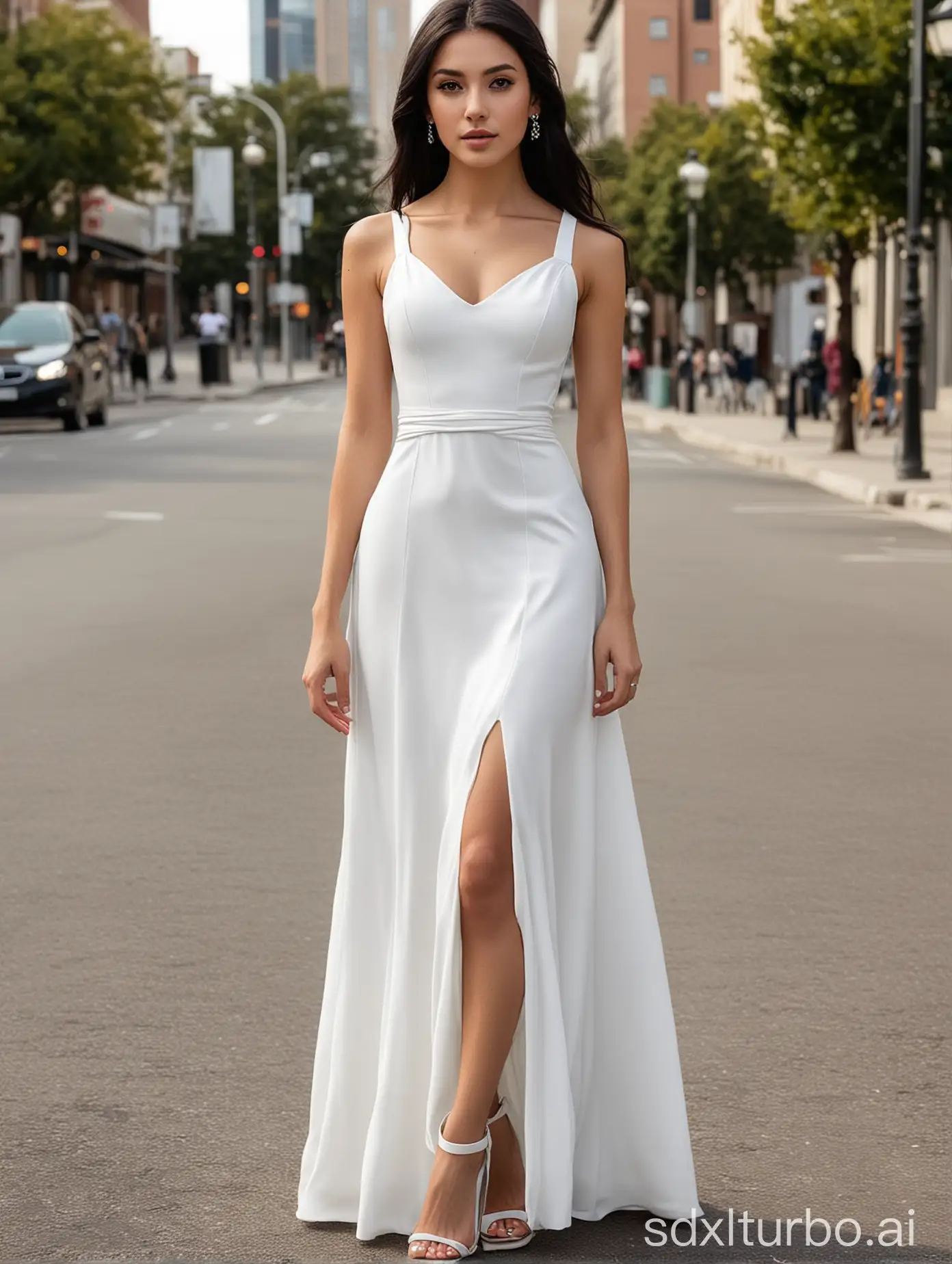 Character: A young, tall, slender girl with black eyes and long black hair, wearing a stunning pure white long dress, sleeveless. There are two straps around the waist. This dress features a round neckline and sleeveless design, with no slit in the skirt, highlighting the elegance of the attire. Dress details: Made of polyester fiber, it can cinch the waist and slim the figure. Pose: Leaning sideways by the urban roadside; Shoes: Paired with exquisitely designed open-toe high heels, complementing the fashion of the dress.