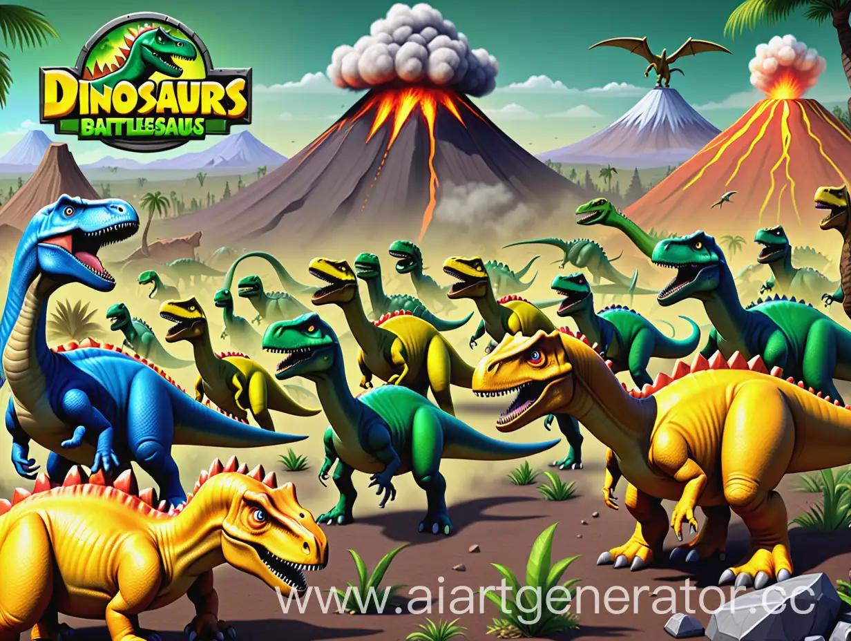 фон для главного меню игры, игра про битвы мультяшных динозавров, в правом верхнем углу видно вулкан, на переднем плане в левой части экрана отряд зеленых динозавров, в правой части экрана отряд желтых динозавров, динозавры готовятся к битве отрядов, отчетливо видно разделение этих отрядов, в каждом отряде около двадцати динозавров, на каждом динозавре есть разная броня