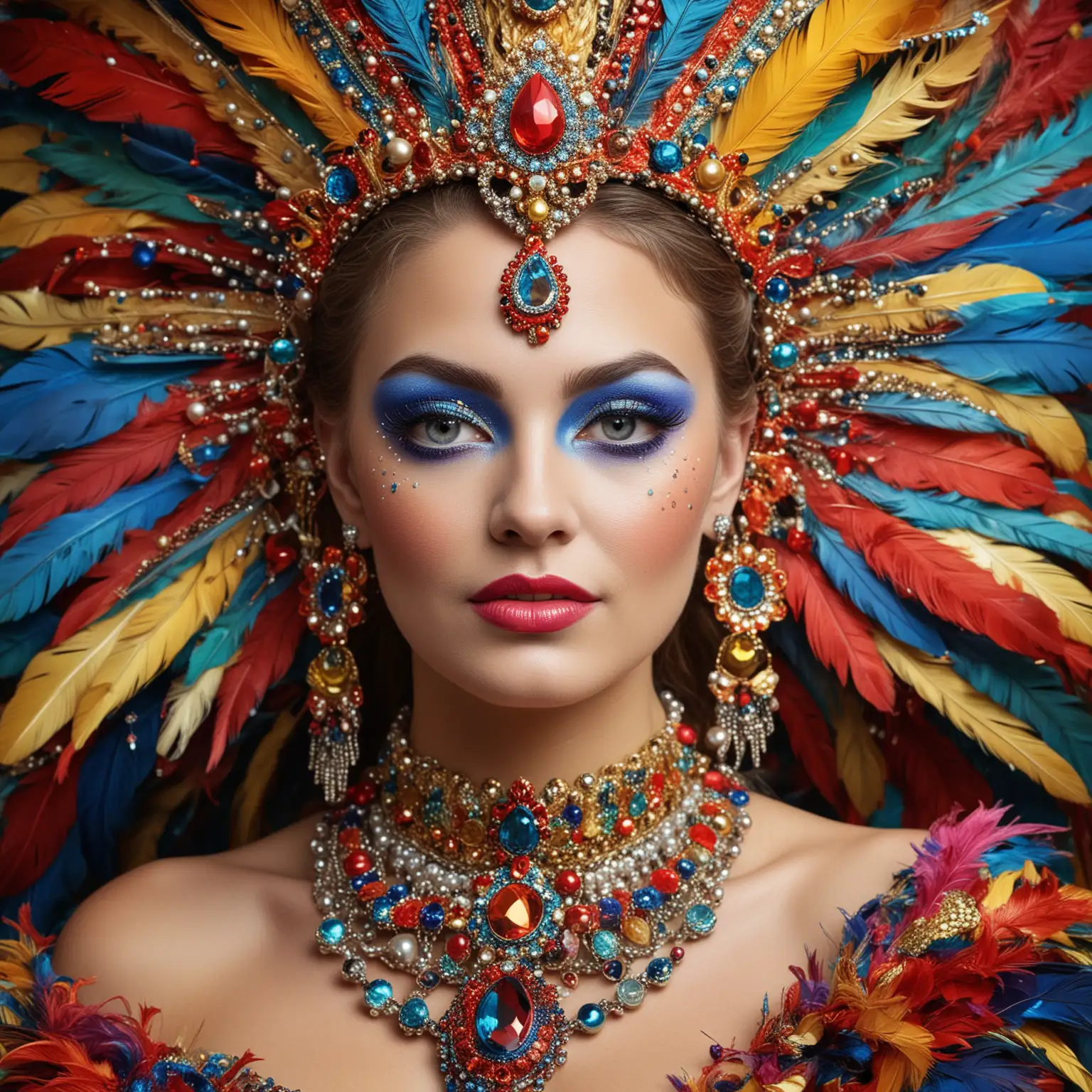 Portrait Gesicht : Karneval-Königin: Ein Bild einer Frau mit buntem, aufwendigem Karneval-Make-up, das an die lebendigen Farben und Muster eines Karnevalskostüms erinnert. Sie trägt extravaganten, festlichen Schmuck mit Federn, Glitzer und Perlen, der ihre ausgelassene Feierstimmung betont.