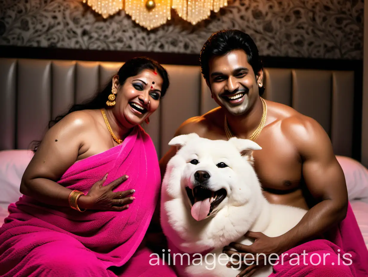 a 23 years indian muscular man with bull head is sitting with a 53 years  indian mature fat 
 pregnant woman  with makeup wearing earrings and gold ornaments   with boob cut style   . both are wearing wet neon pink bath towel and   in a luxurious bed room ,and are happy and laughing. and a Samoyed
Dog breed is near them. they are standing . its a night  time and lights are there. its raining . 
