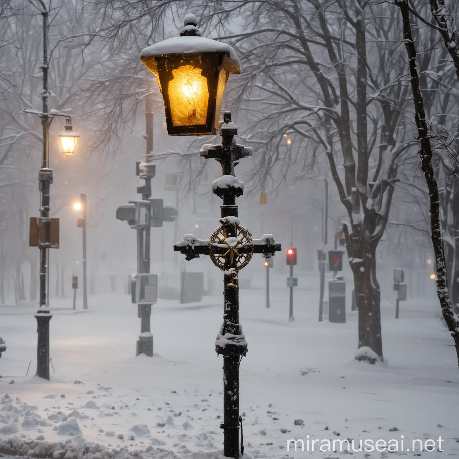 an orthodox cross next to a street lamp with traffic lights in the background during a blizzard, everything buried in snow at night
