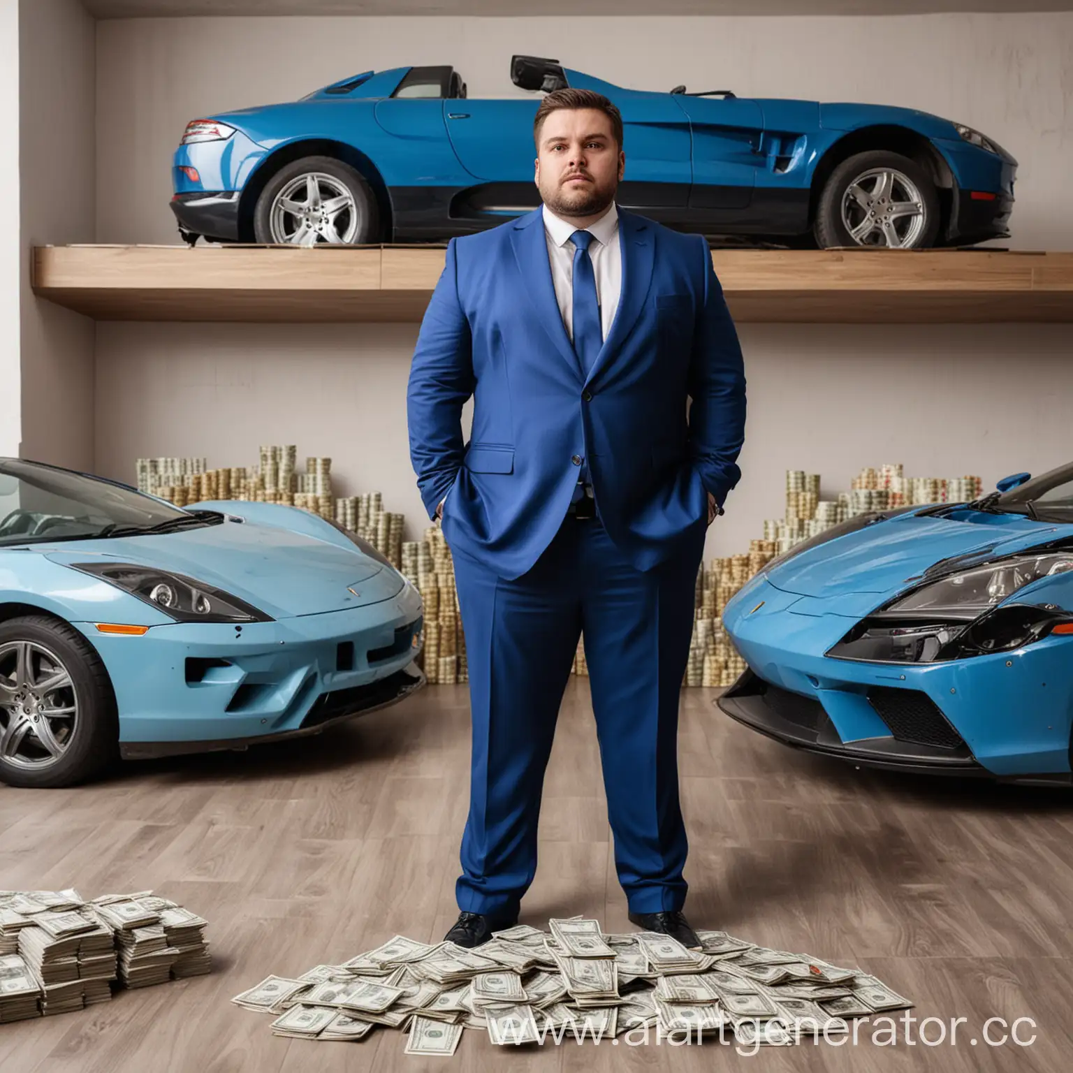 Wealthy-Man-in-Blue-Suit-Surrounded-by-Luxury-Cars-and-Cash