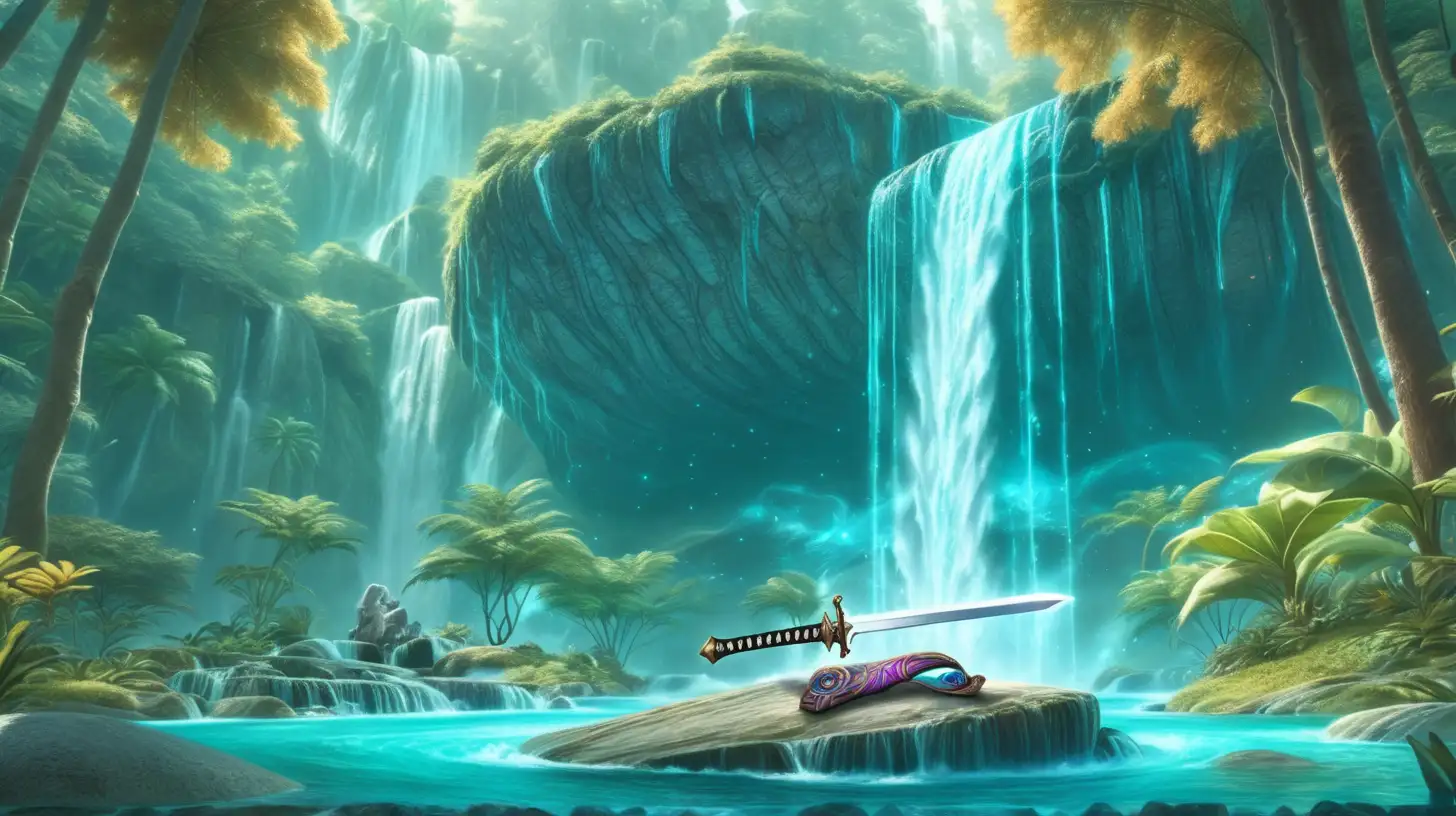 magical sword laying on a rock in front of a magical waterfall. Surrounded by turquoise trees in a forest. Weird alien plants surrounding it.