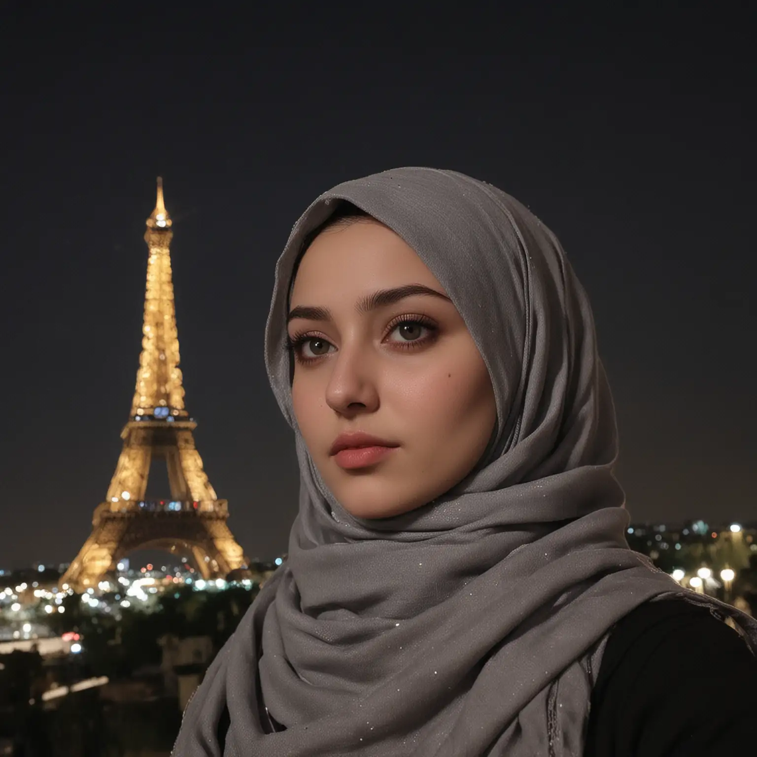 Turkish-Girl-in-Simple-Grey-Hijab-Standing-under-Moonlight-with-Eiffel-Tower-in-Background