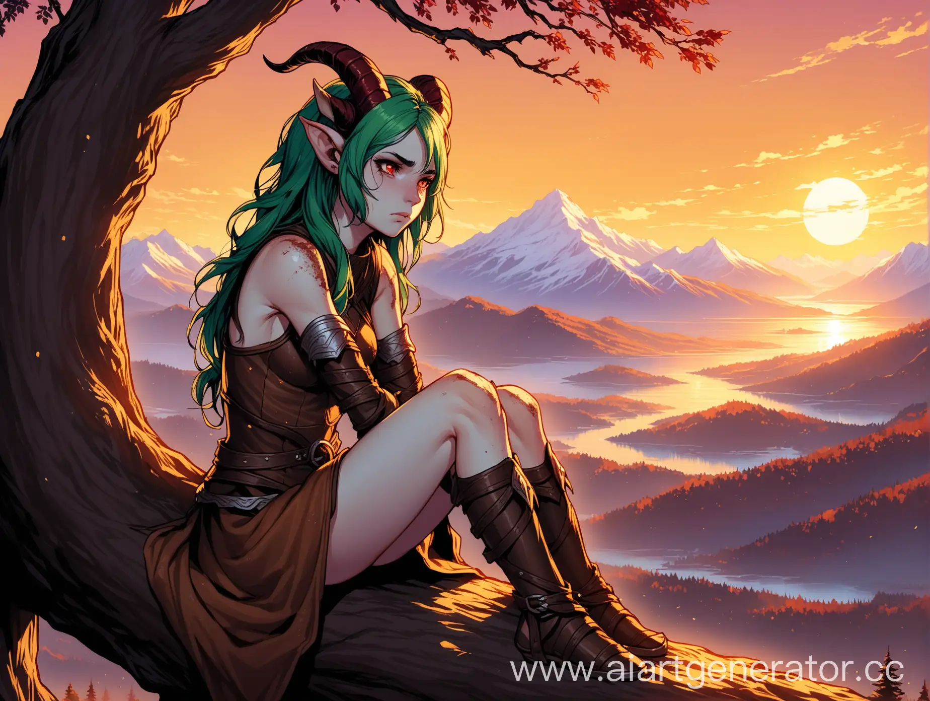 Lonely-Tiefling-Slave-Contemplating-Sunset-Amidst-Mountains