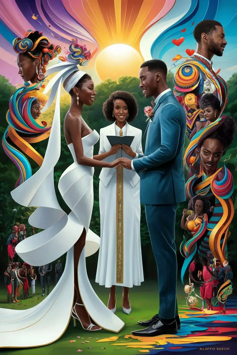 Show abstract images in full length of African American couple getting married by female minster