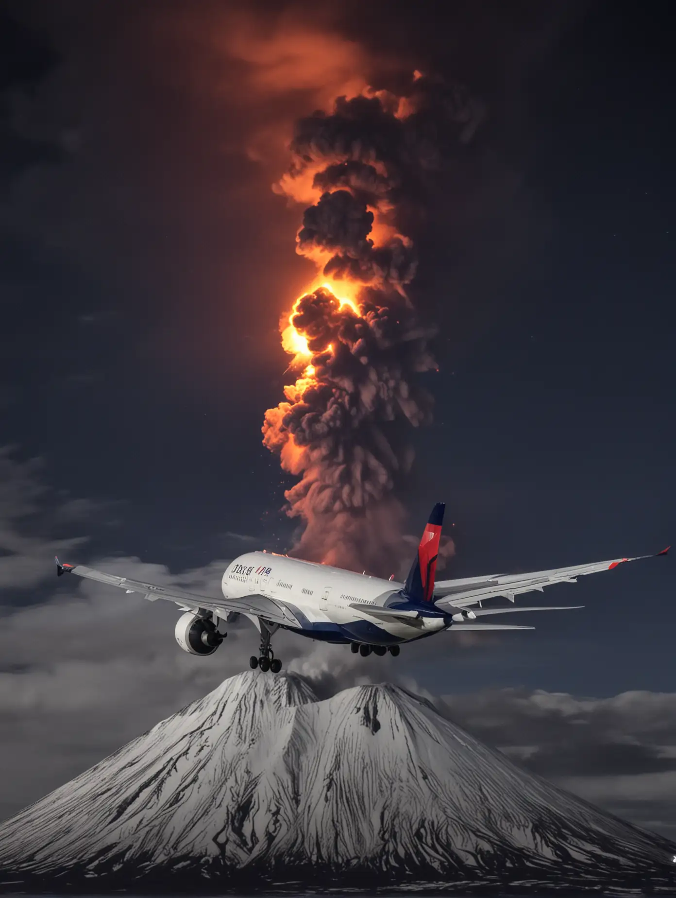 Delta Air Lines Airbus 350 at dark over Icelandic volcano erupting.