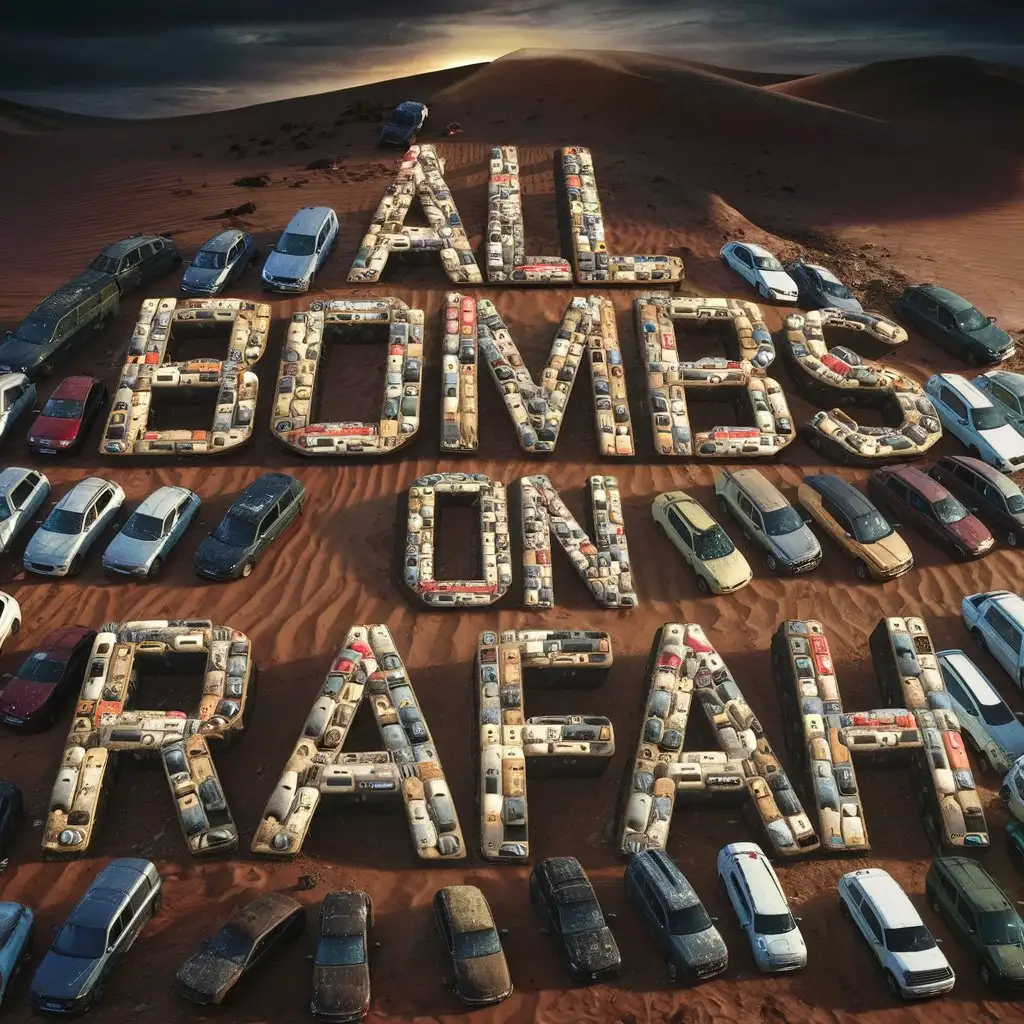 a sahra full of cars ,  the cars make the text (all bombs on rafah)