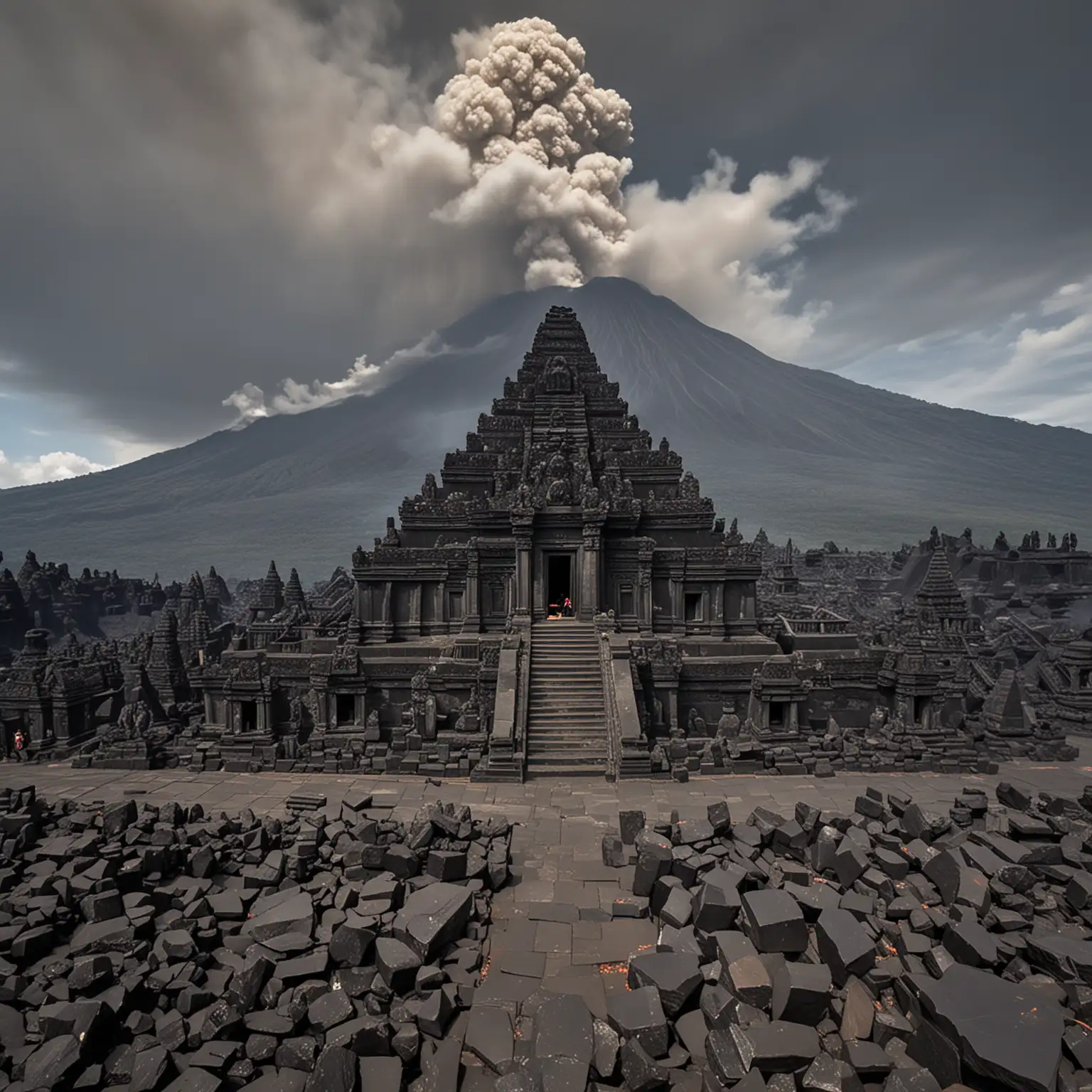 a view of a very large ancient Indonesian black stone temple at the top of an erupting volcano seen above