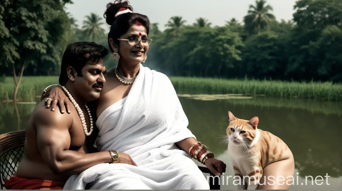 Indian Mature Woman Smoking Cigar with Young Muscular Man by Luxurious Pond