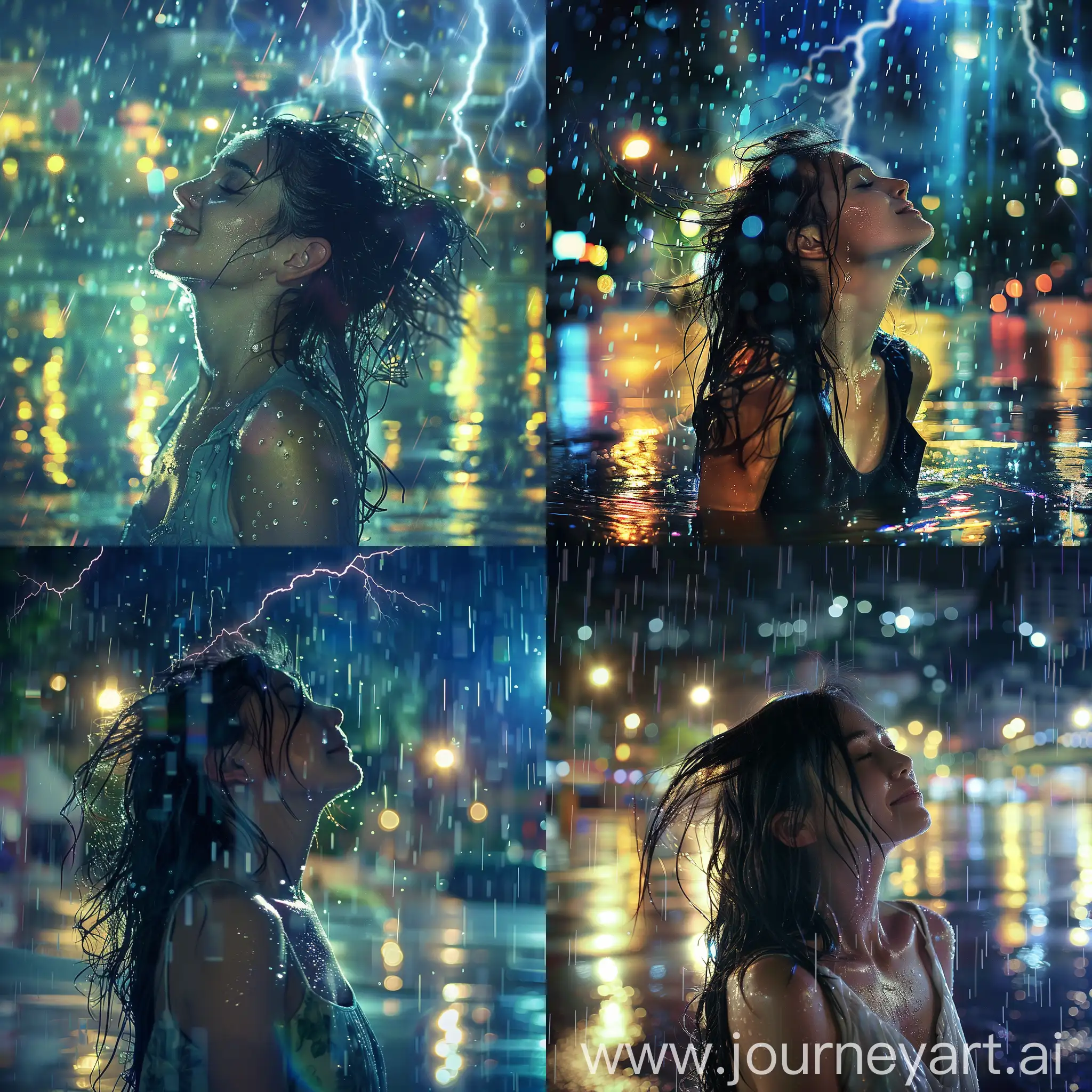 Woman-Smiling-in-Rain-with-City-Lights-Reflection