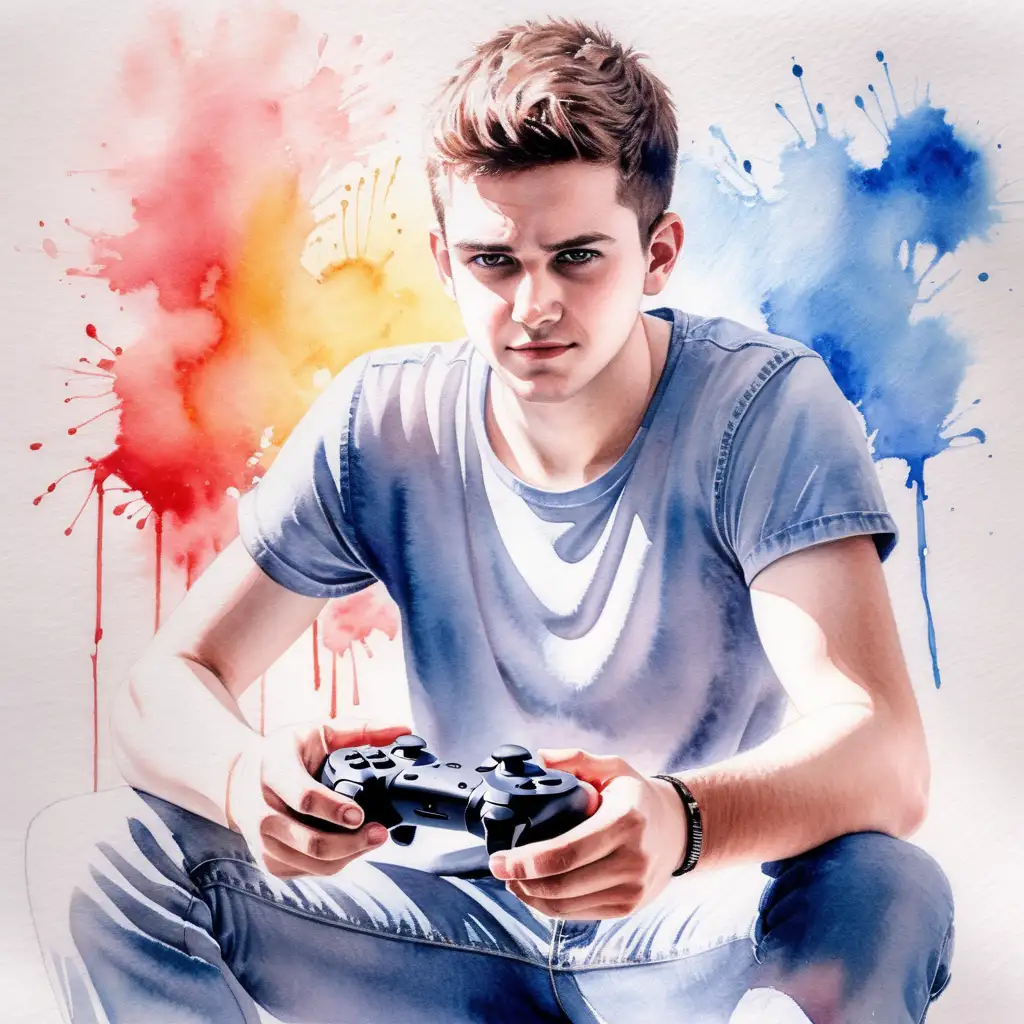Watercolor Painting of a Gamer Immersed in Virtual Reality Gaming