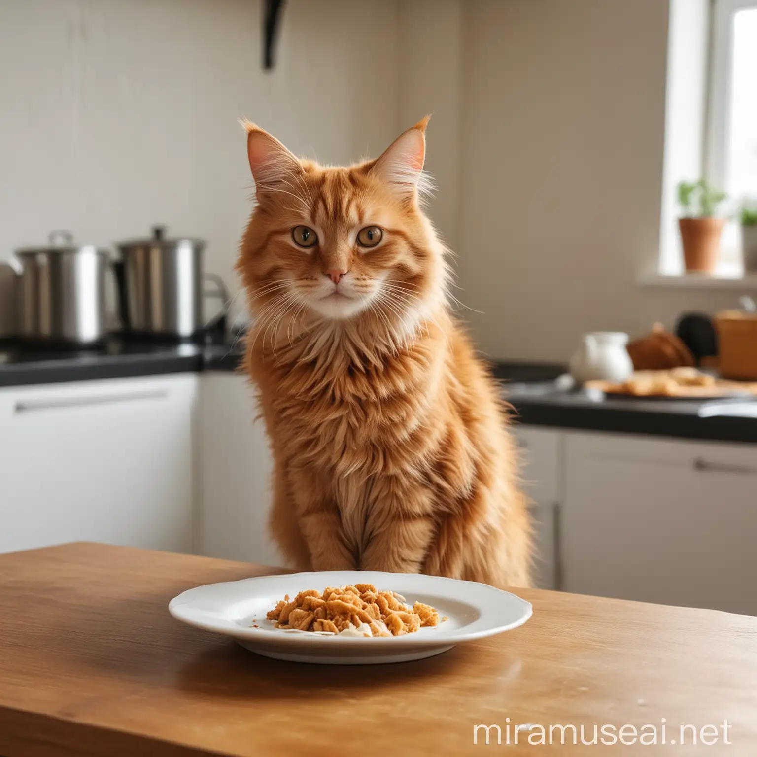 Пушистая рыжая кошка сидит за столом на кухне, перед ней на столе пустая тарелка