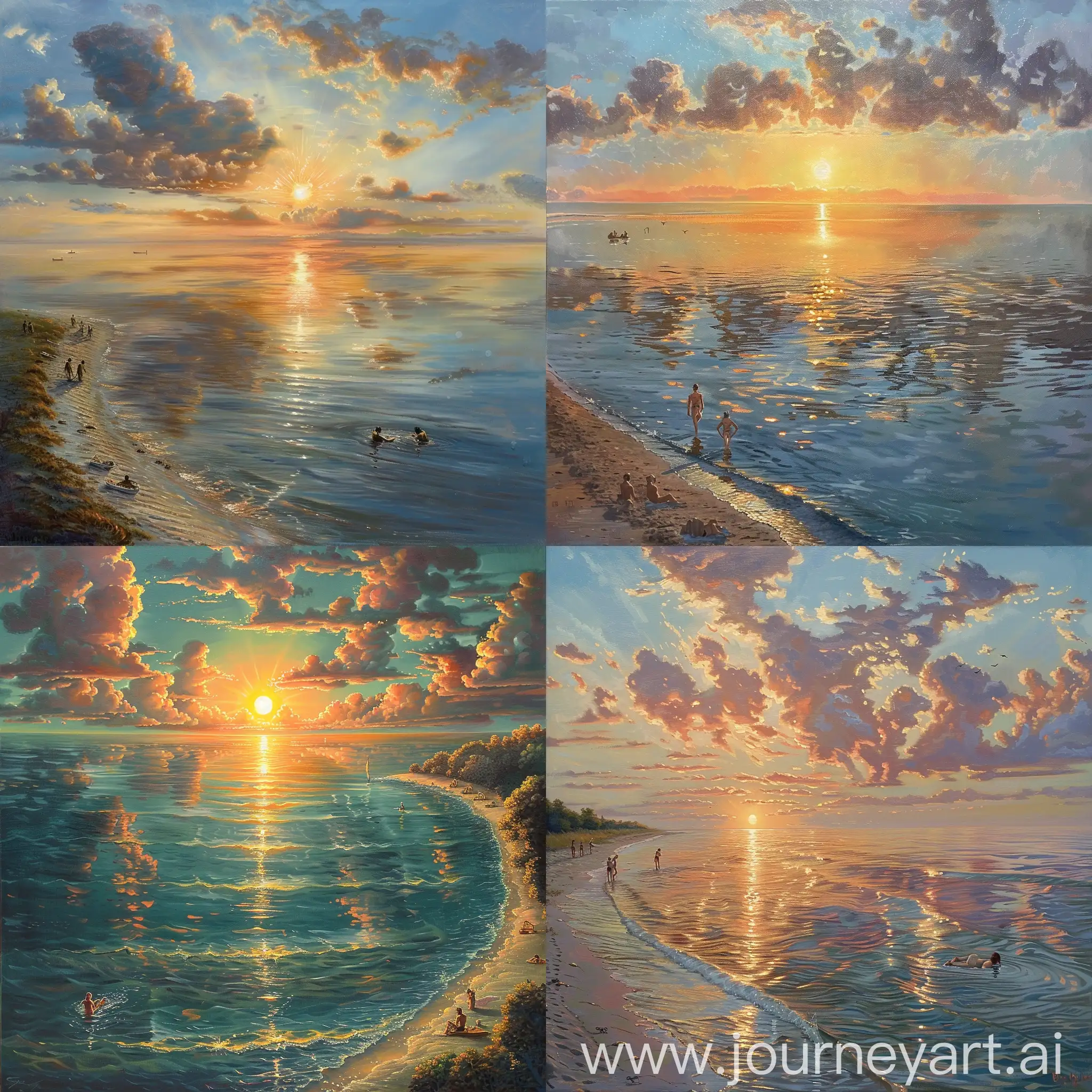 A beautiful oil painting, the setting setting sun is reflected in the clouds and the calm sea, a small beach and several people on it, in the water, two human figures float at sunset, a beautiful seascape, the sea is calm