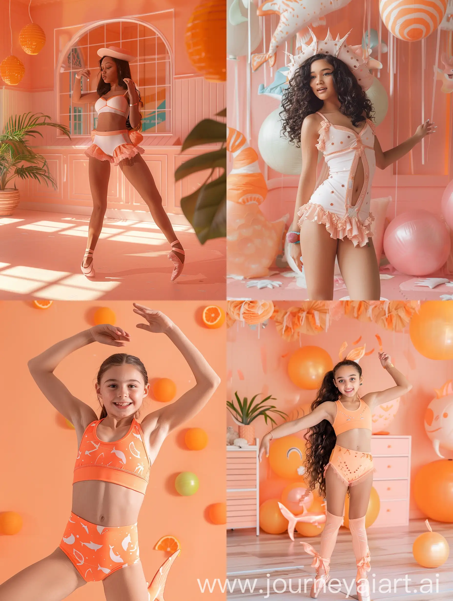 Teen girl, cuban, dancing, gymshark outfit, in a peach theme dance studio