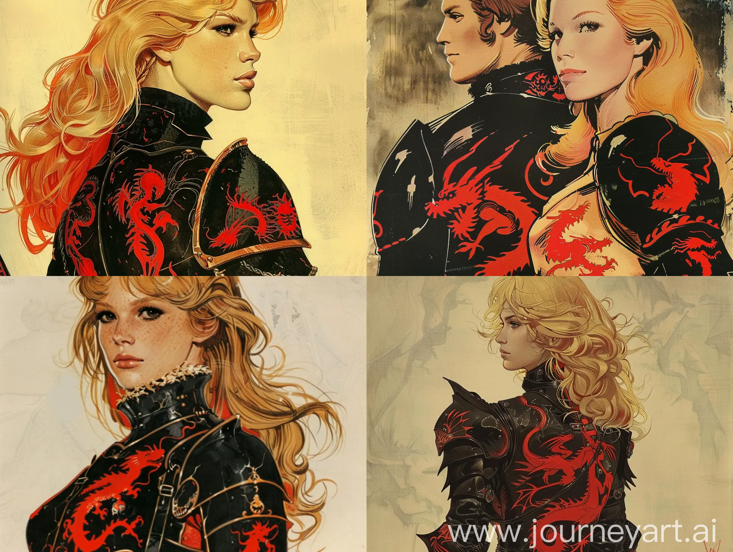 1970's art illustration from dark fantasy books (style). Art illustration of a woman with sun-blond hair, with red highlights. His armor is black with red designs illustrating dragons.