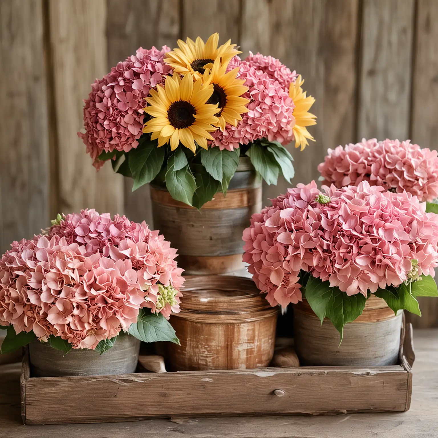 a rustic centerpiece with sunflowers and pink toned hydrangeas in rustic pink containers