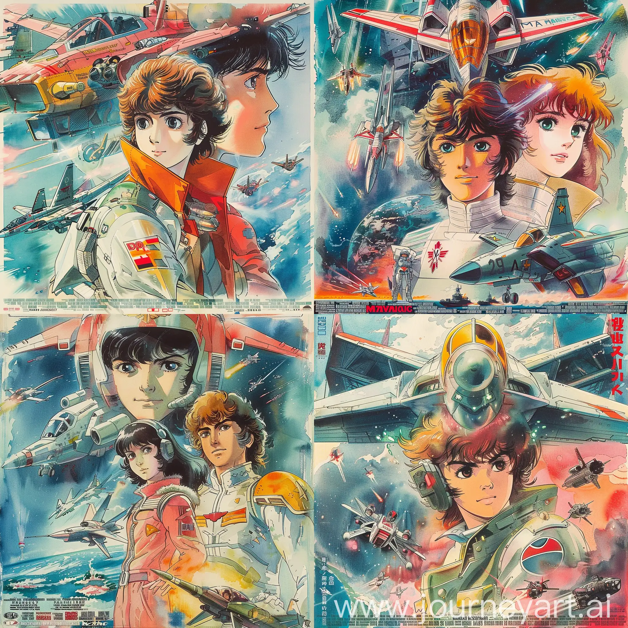 アニメ映画ポスター、水彩、「マクロス マクロス 愛・おぼえですか」、1984年、河森正治、豊富なディテール、複雑な構図