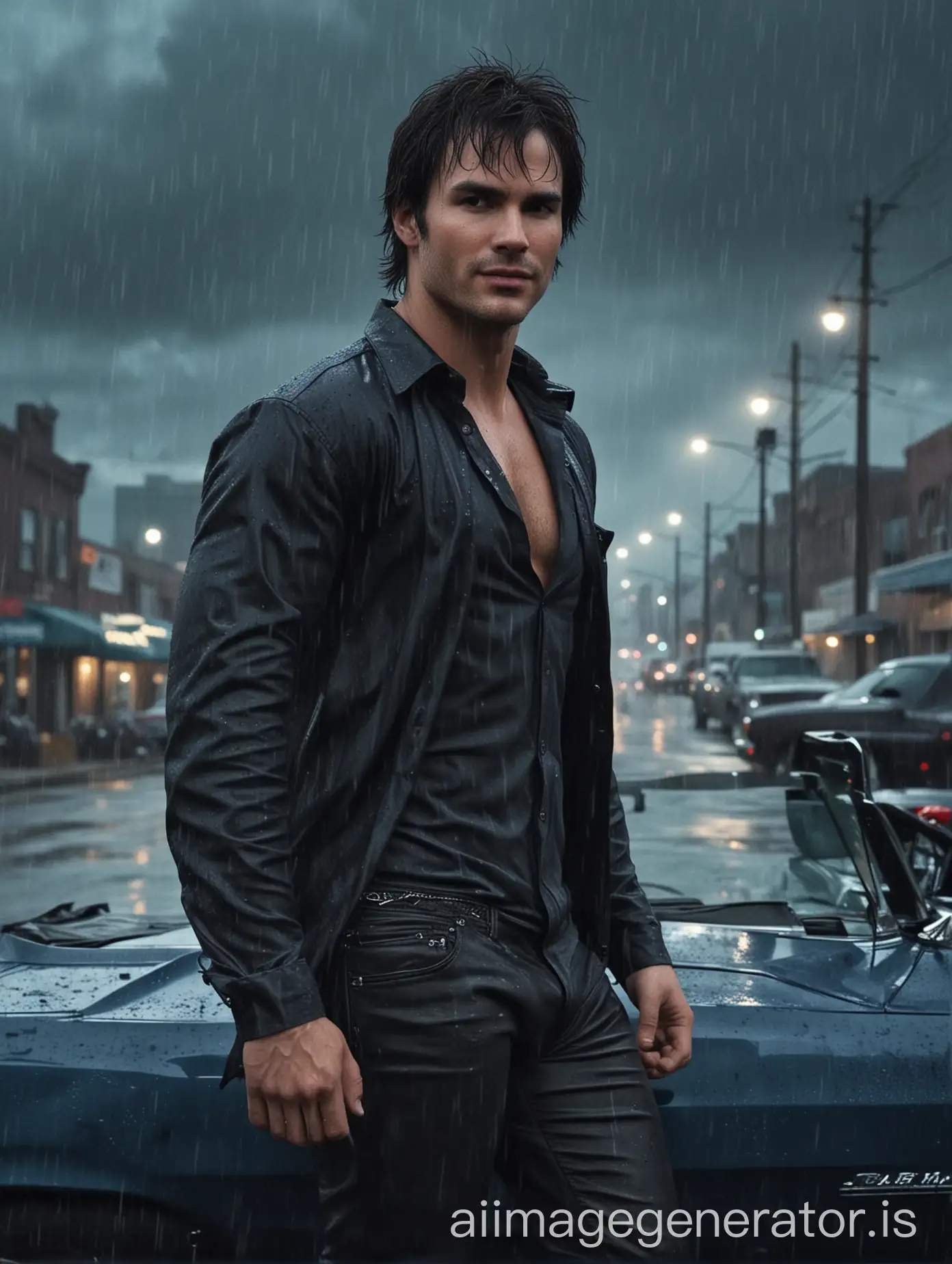 ian somerhalder face, rain falling, looking back, wearing a black unbuttoned shirt, muscle chest, pale fair body, blue 1969 Chevy Camaro Convertible in the background, devilish smile, wearing a black leather trousers, dystopian city background, stormy clouds, foggy background, midnight, fullmoon