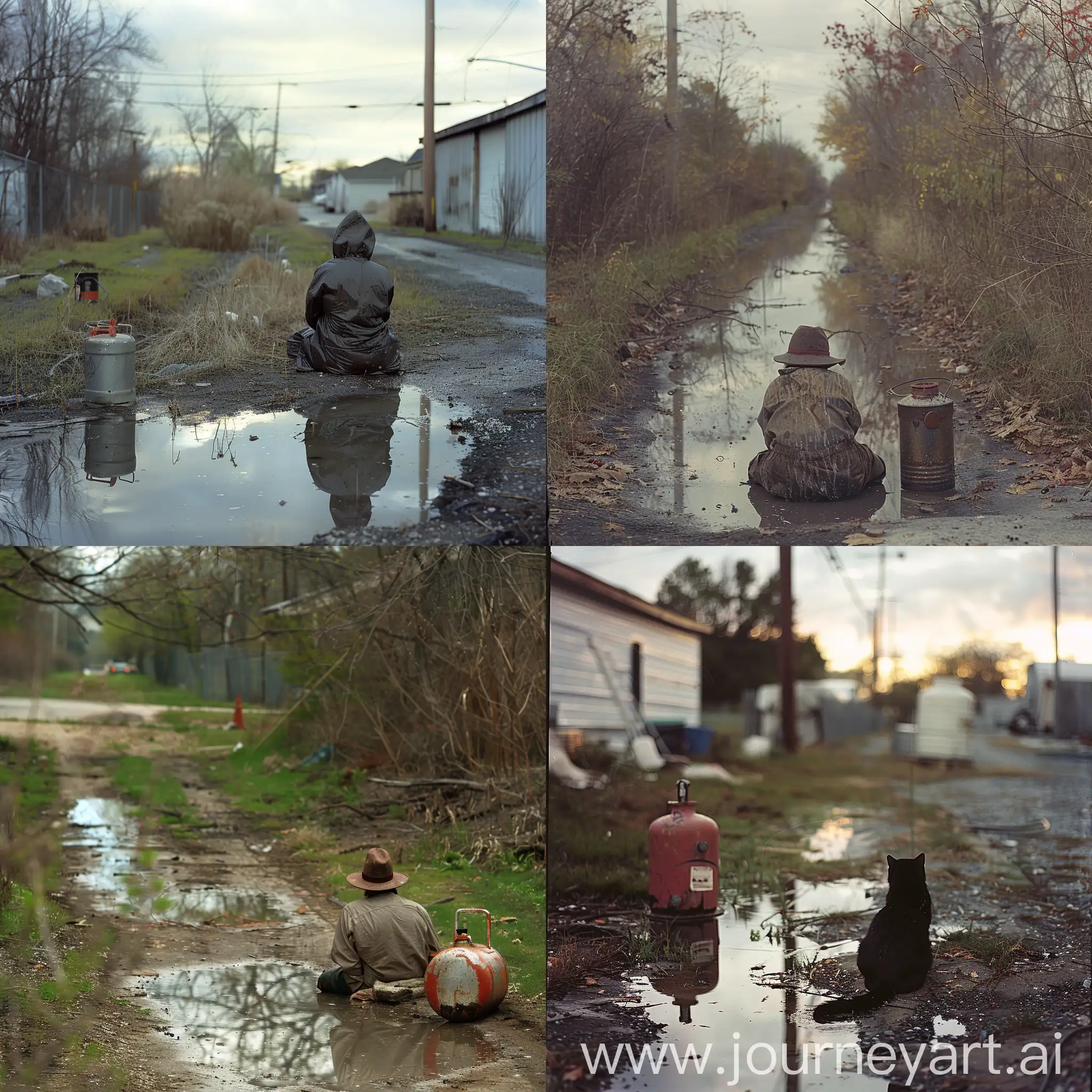 бомж в луже сидит и рядом баллон с пропаном