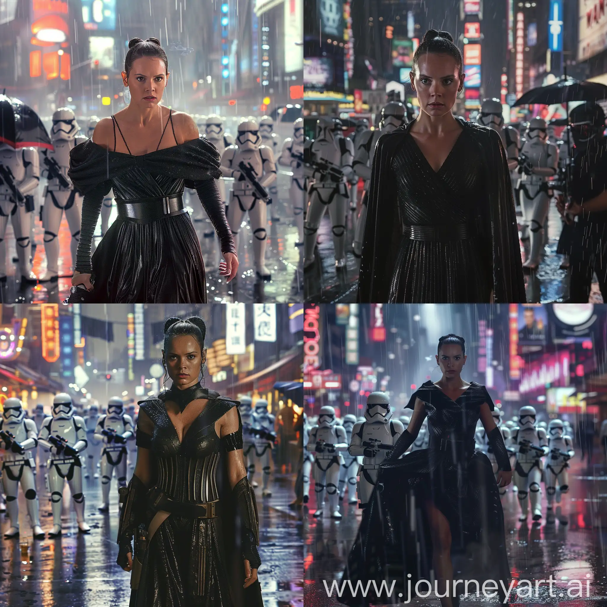 Rey Skywalker in black kryptonian costume of Faora in Man of steel Movie in rain city Tonight in action in cyberpunk city,  With an army of stormtroopers in background 