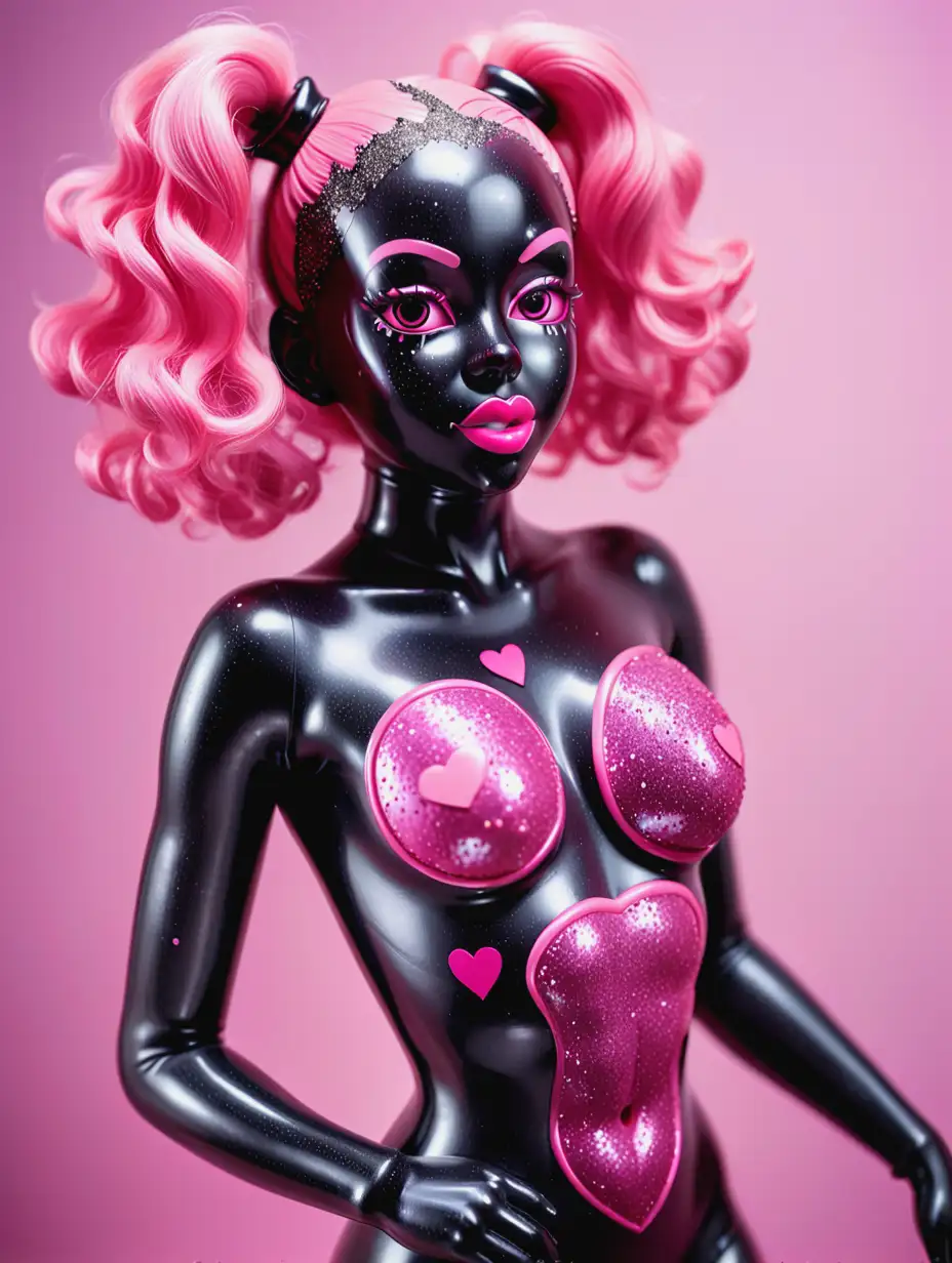 Латексная обнаженная кукла девушки с черной латексной кожей покрытой блестками с розовым сердечком на груди с розовыми резиновыми волосами с черным латексным лицом на ее теле написано Sex toy