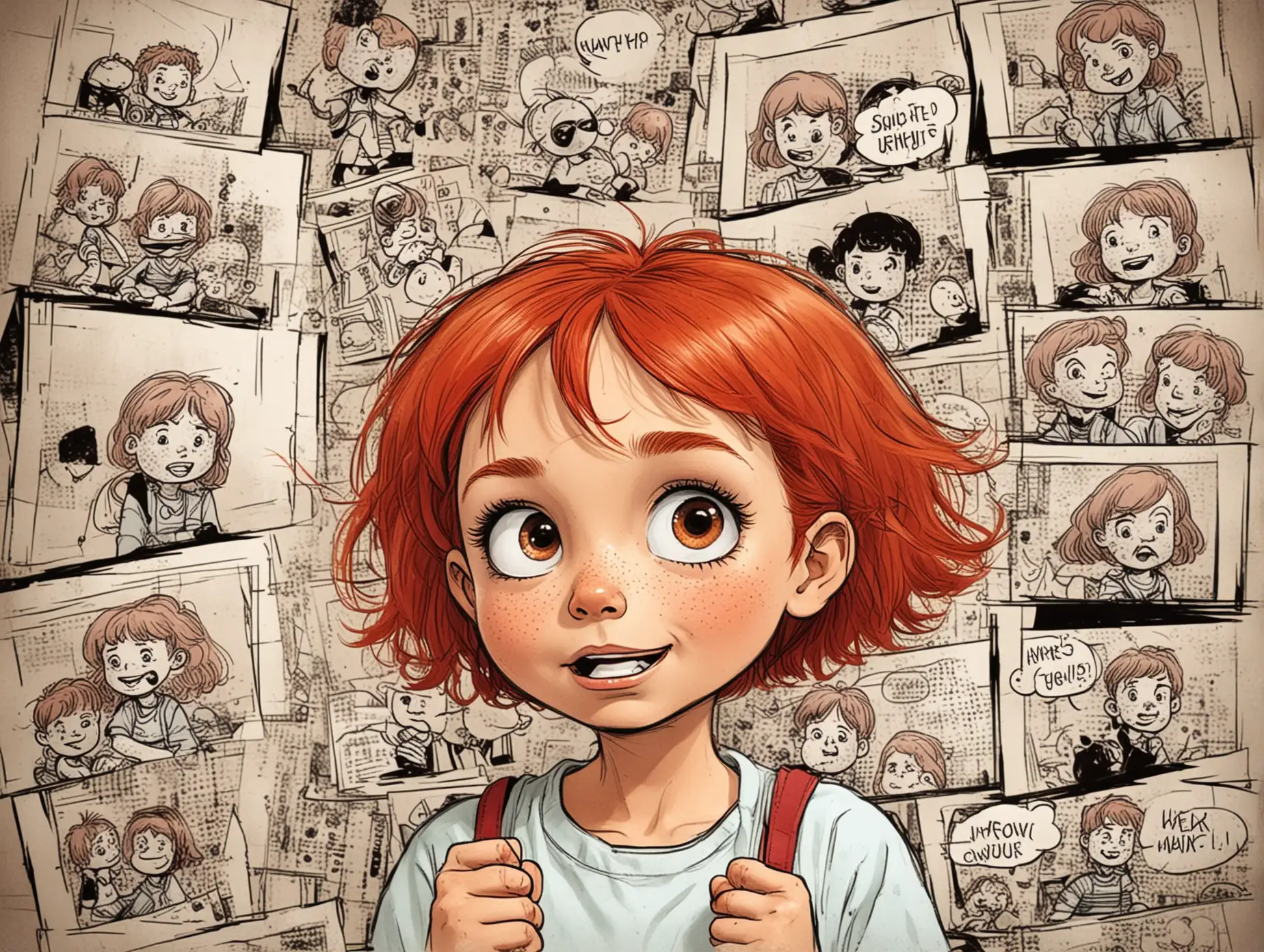 A comic strip background with a child  with red hair drawing the comic strip 