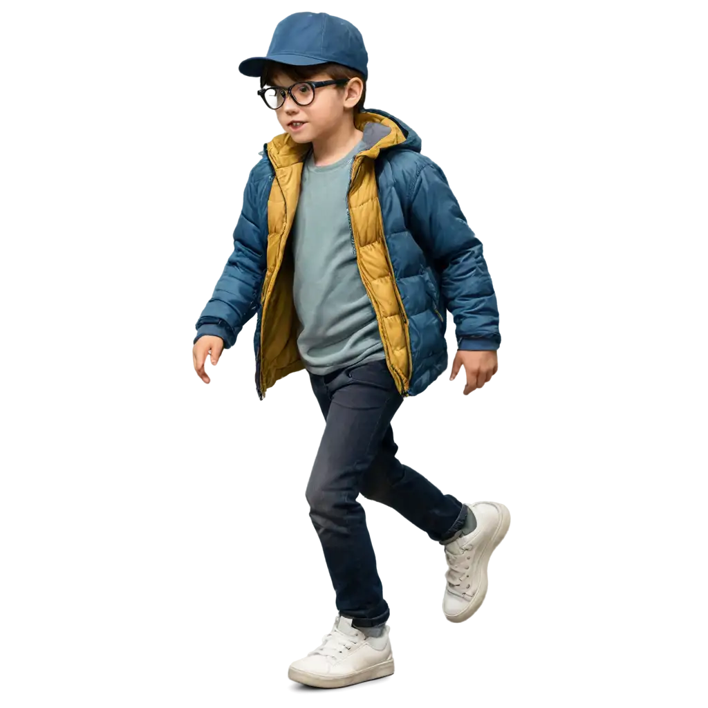 boy wearing jacket and glasses and hat and shoes 
make like a drawing 
