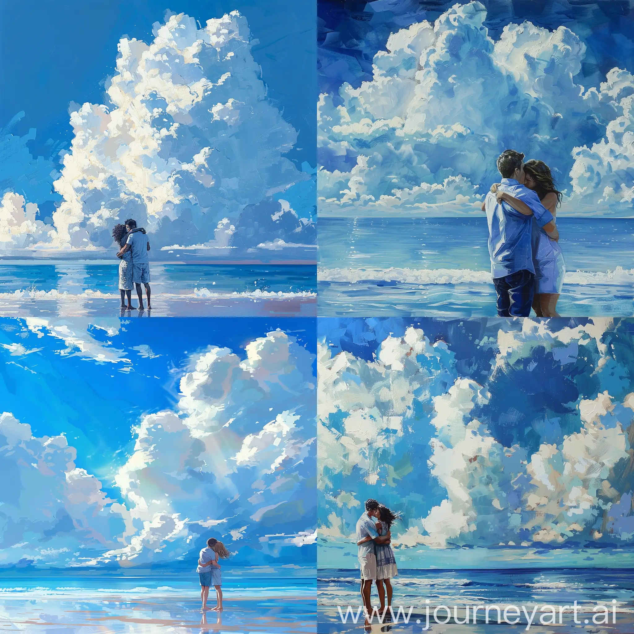 Couple-Hugging-by-the-Sea-under-Blue-Sky-and-White-Clouds