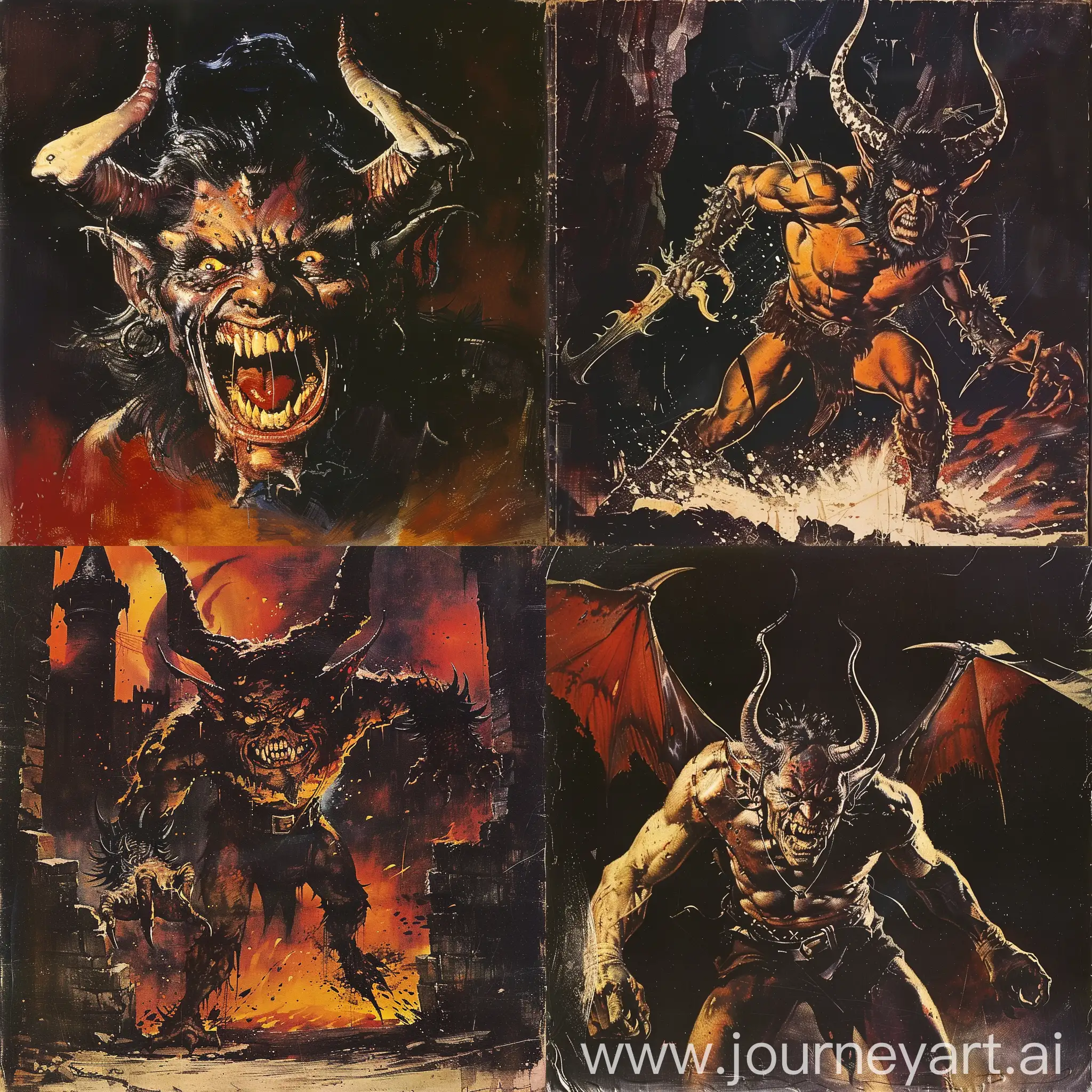 1970s dark fantasy book cover art of a demon