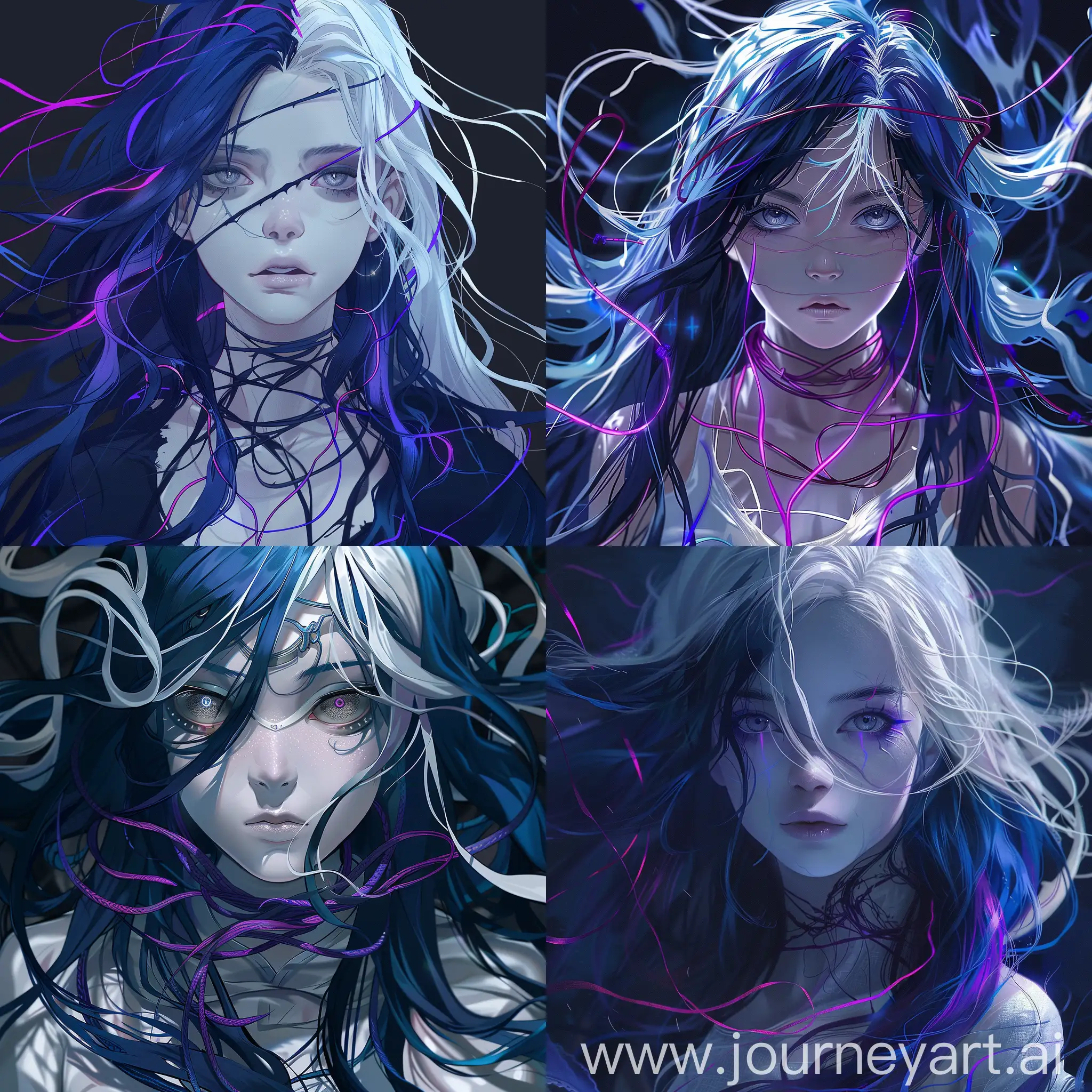 Make an image: mixed jujutsu kaisen artstyle and Tokyo revengers artstyle, a young white woman with long semi-wavy dark blue electric hair with purple highlights/strings, transcending grey siren eyes, powerful, beautiful, high resolution, high detail, best resolution, best detail