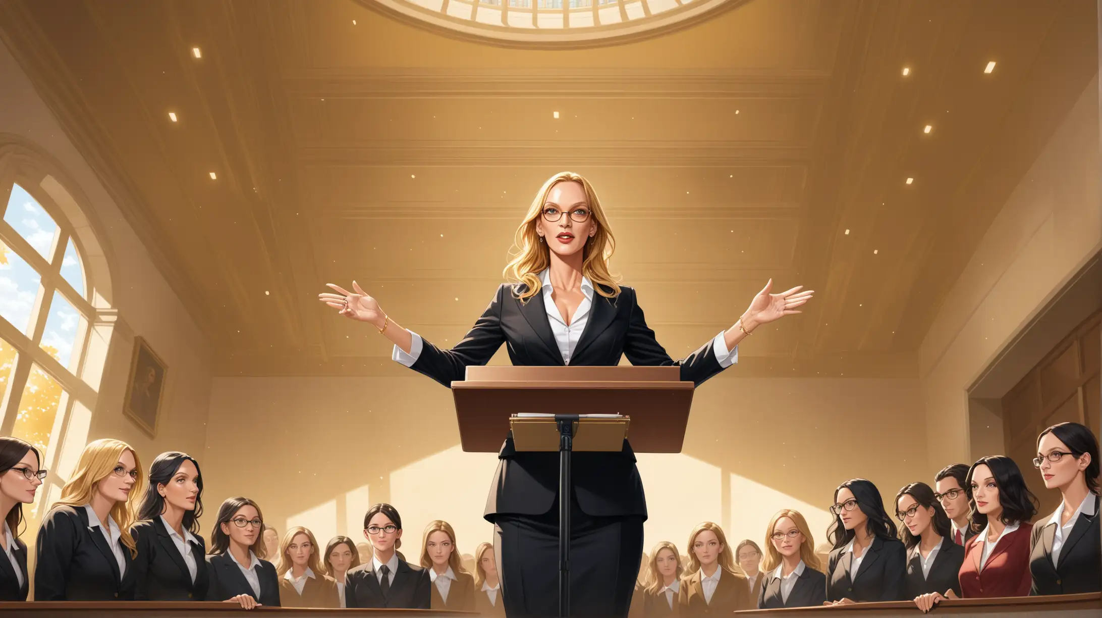 American university campus, 50-year-old Uma Thurman, female teacher, at the lecture podium giving students a lecture. Fitness woman suit and high heels, gold-rimmed glasses. Tall, confident, clear facial details and wrinkles, 32K wallpaper, wide-angle lens, European-American painting style