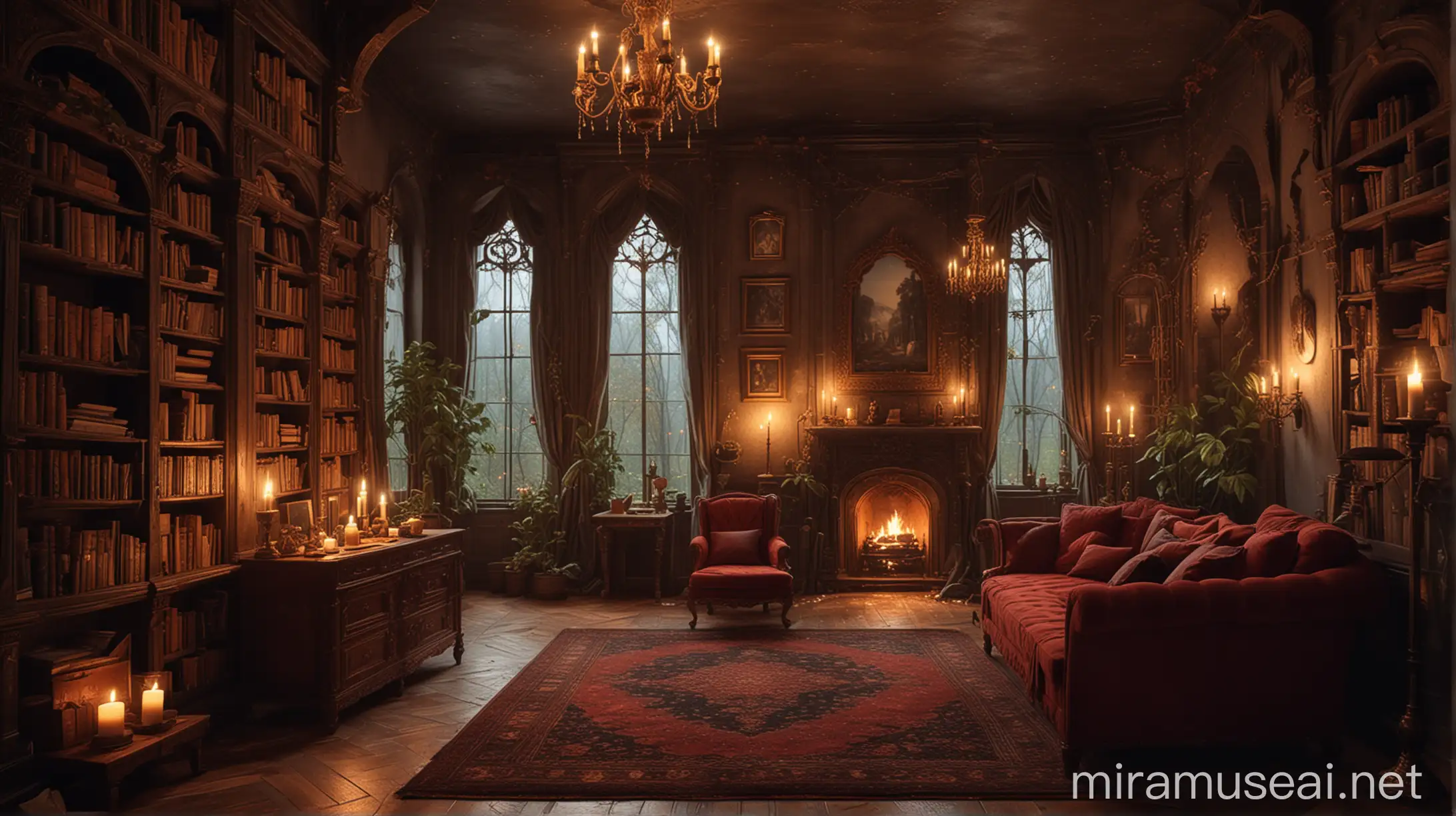 Cozy Gothic Castle Library with Fireplace and Forest View