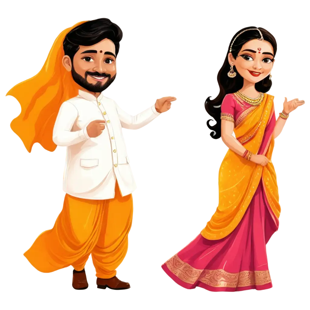 Marathi wedding couple bride is in nine yards saree and groom in sherawani caricature