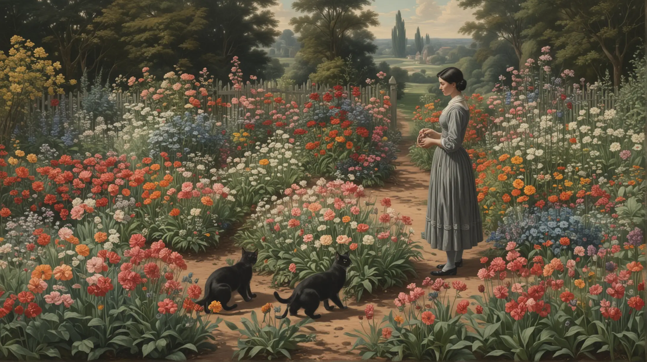 In the style of Charles Courtney Curren, a dark haired woman seen from a distance tending her flower garden, her two gray cats accompany her