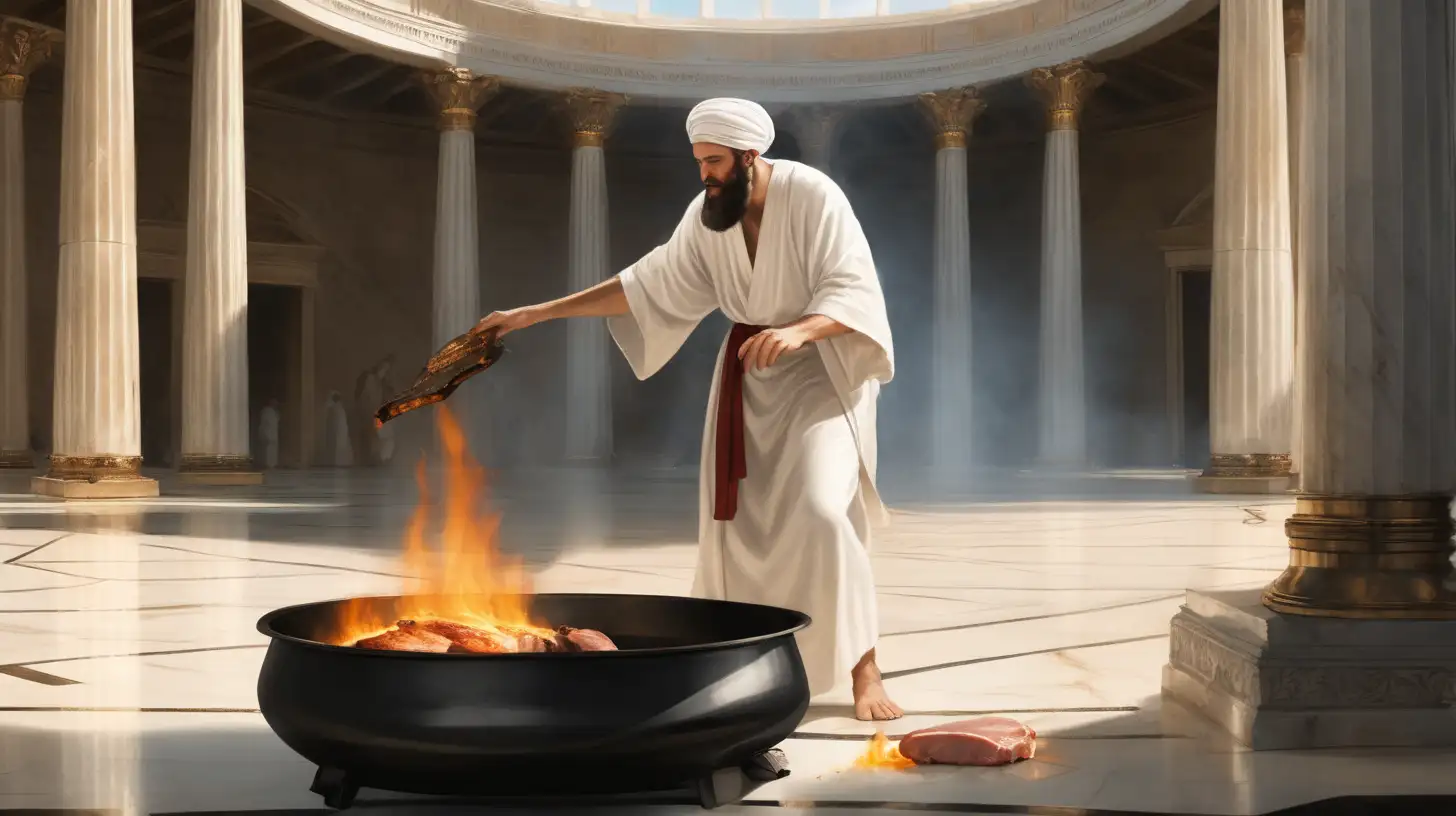 Hebrew Man Burning Meat in Ancient Marble Hall