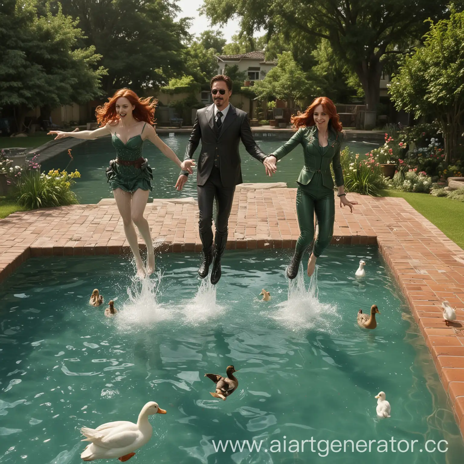 Tony Stark, Natasha Romanoff and Loki jump into a pool with ducks