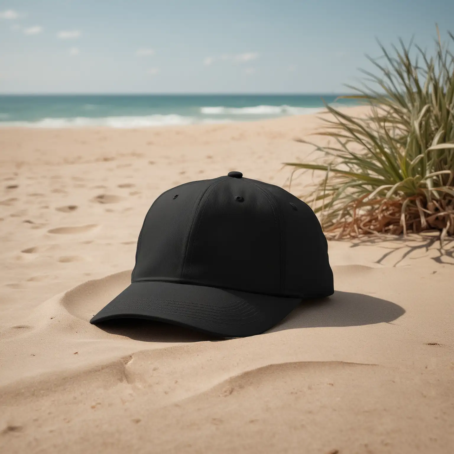 amockup for a black baseball hat.  the model should be male and should be relaxing on a beach