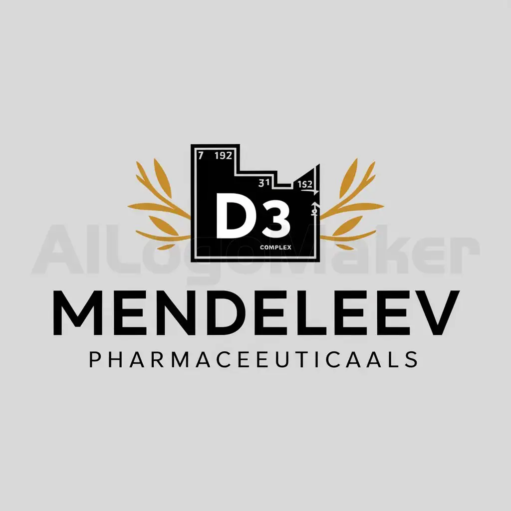 a logo design,with the text "MENDELEEV PHARMACEUTICALS", main symbol:elements of the periodic table vitamins d3,complex,be used in vitamins industry,clear background