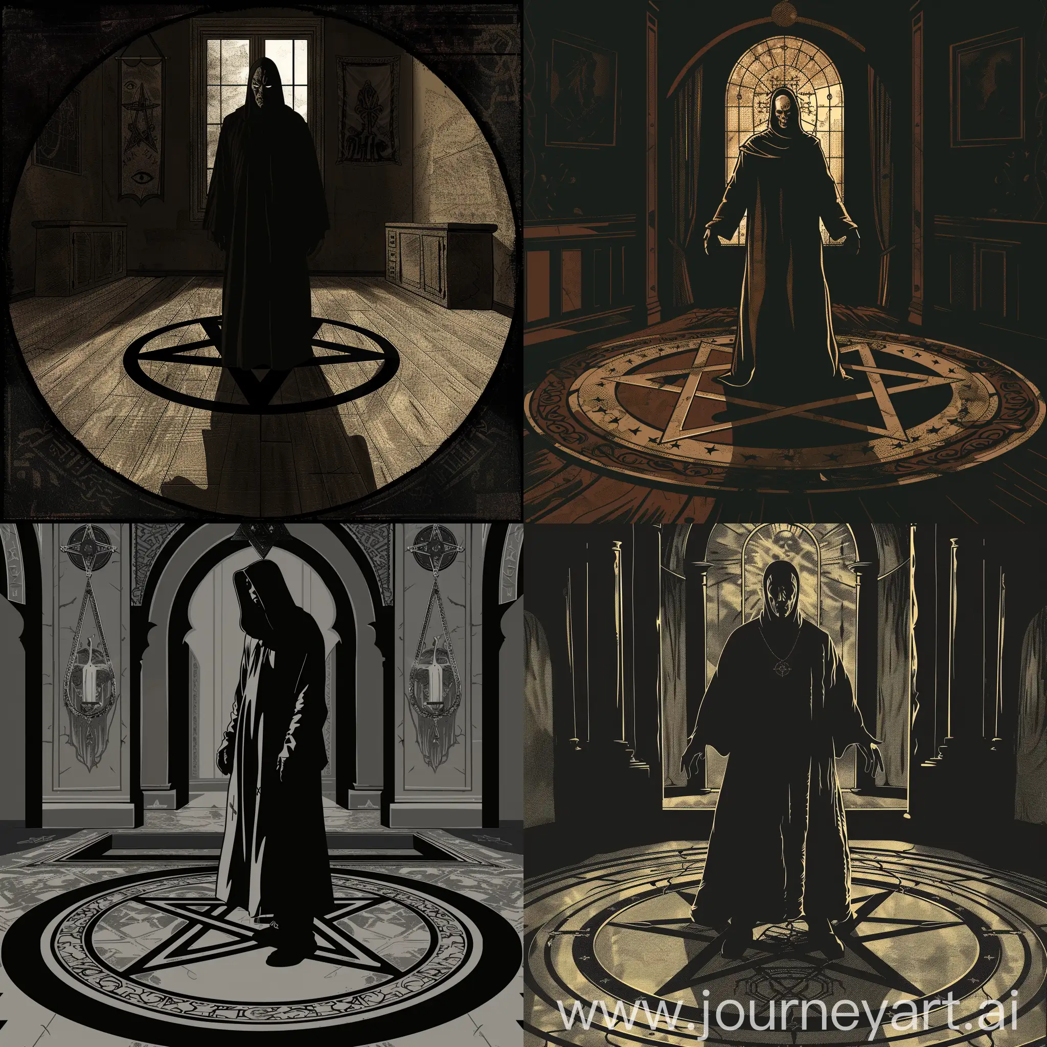 Icon of Bob in occult style, show a silhouette in a robe with his face covered by a mask, standing on a pentagram in the center of the room