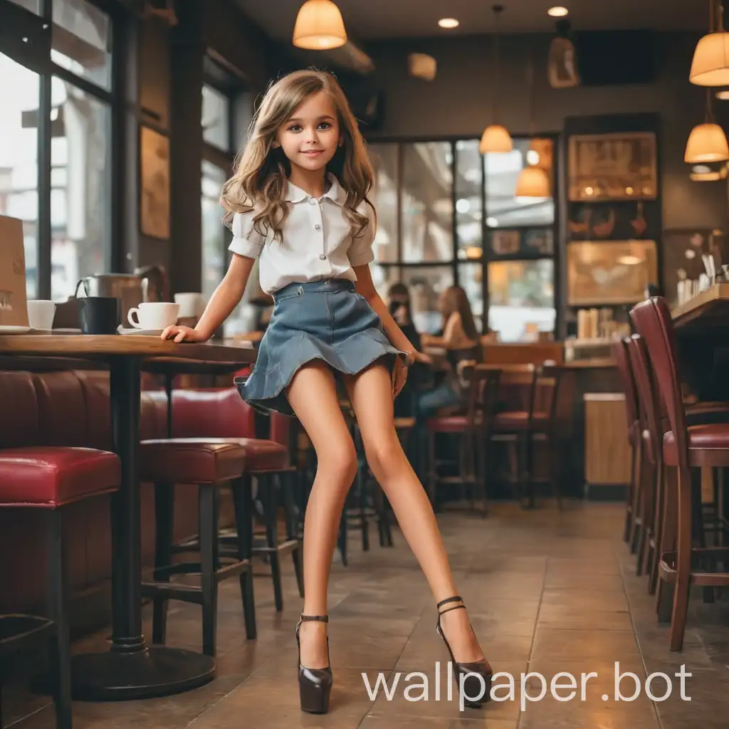 little girl in high heels in coffee shop with long legs