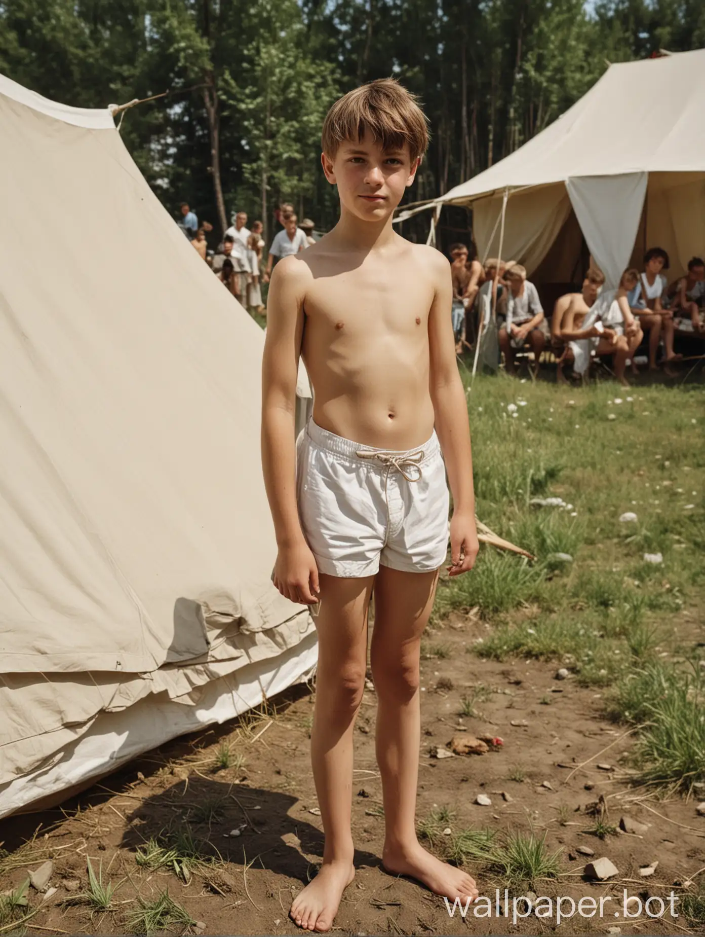 Soviet pioneer boy 13 years old, tent, full length, people in the background, white swim trunks
