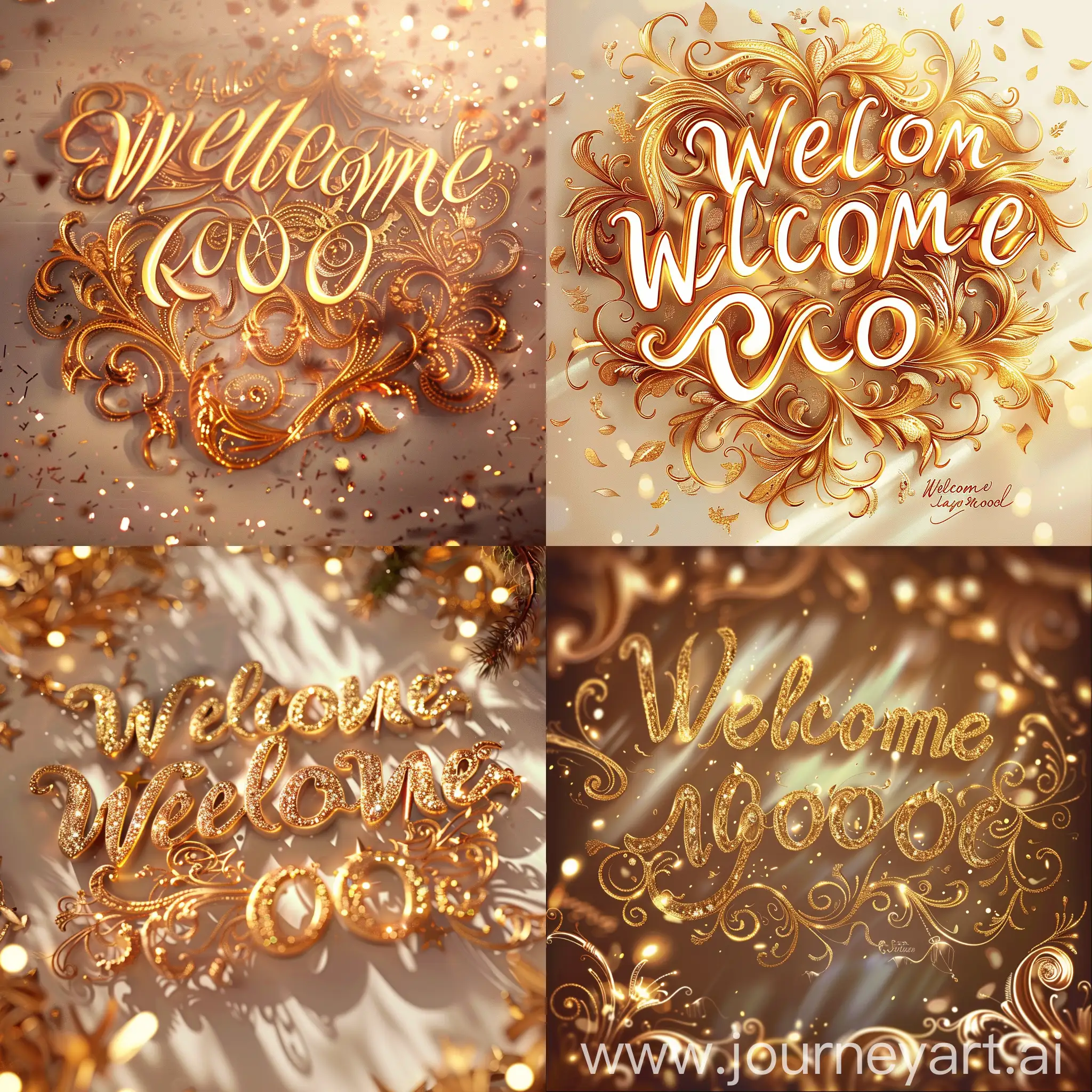  (sophisticated, elegant script:1.3), a scene exuding refinement and sophistication, where the words "Welcome Noah" are delicately crafted in graceful calligraphy. Each letter, shimmering in resplendent golden hues, boasts intricate details and embellishments that catch the light with radiant brilliance. The script, rendered in a timeless style, is adorned with ornate flourishes and delicate filigree, adding an air of opulence to the message. Against a backdrop of soft, muted tones, the golden letters stand out with a mesmerizing glow, extending a lavish welcome to Noah with unparalleled elegance.