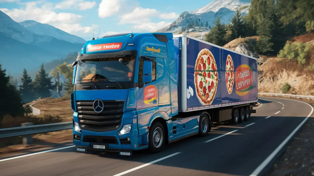 video game screenshot showing a Blue European truck driving on a road, transporting pizza delivery in its trailer, set in a natural environment.
