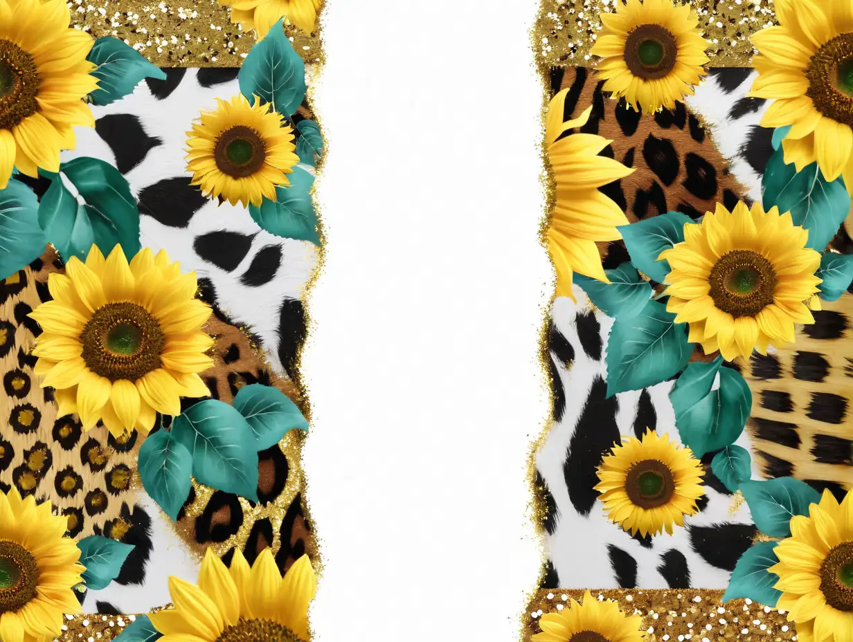 Make exact same image 300dpi, sunflowers different sizes, with teal wood background and leopard, glitter on top and bottom and a white stripe in the middle