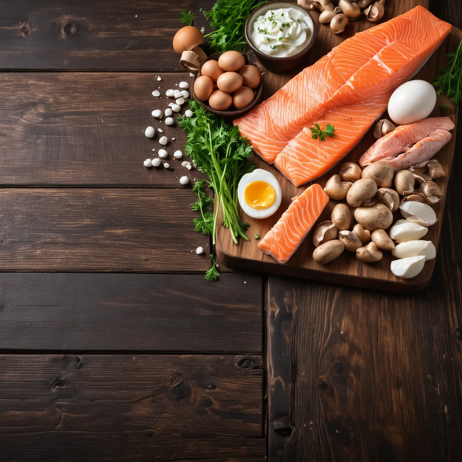 foods on a dark wooden table. Foods to include: dairy products, salmon, egg, mushrooms, parsley, fish oil capsules.