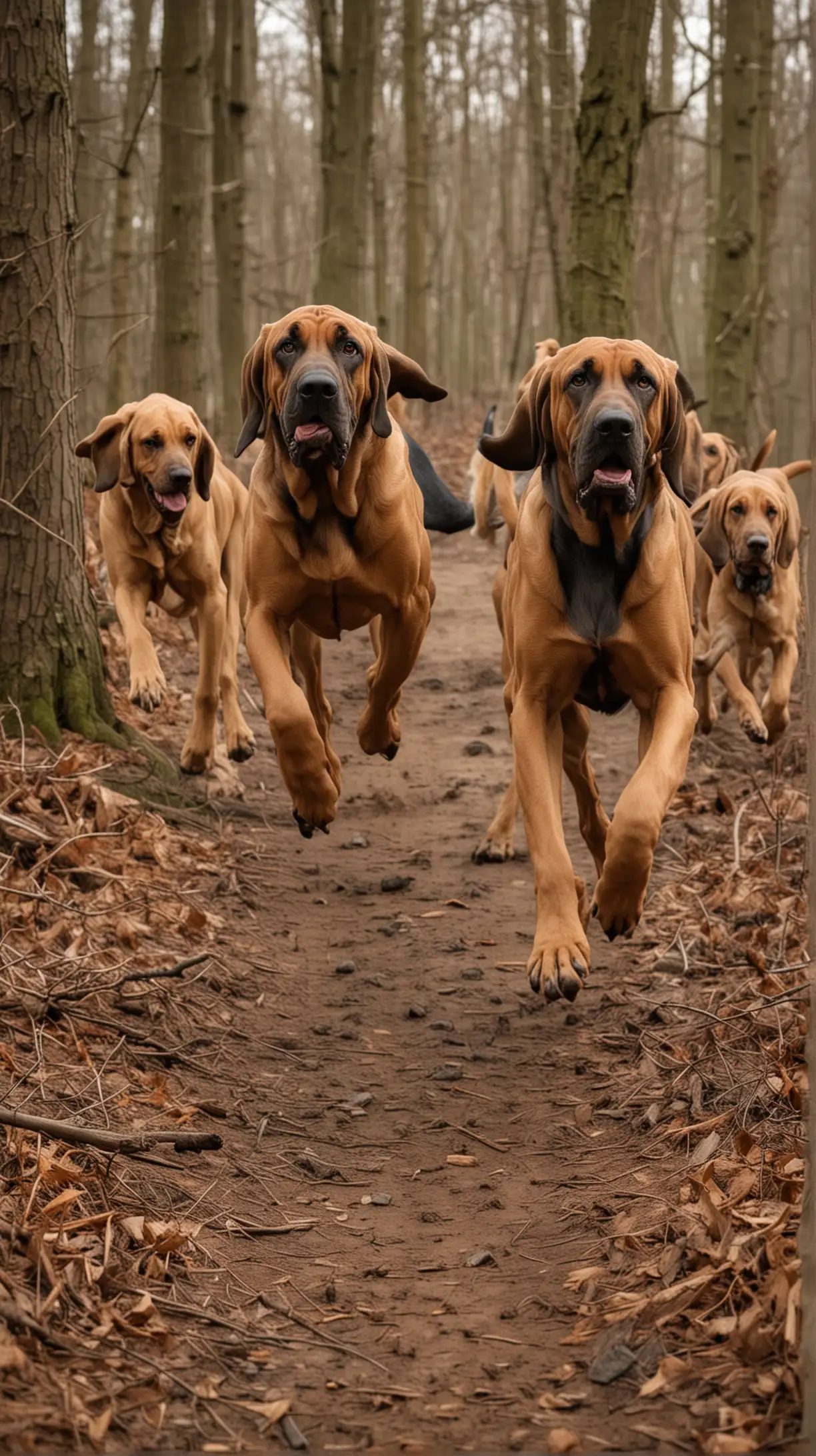 Energetic Bloodhound Dogs Running Through a Serene Woodland Setting