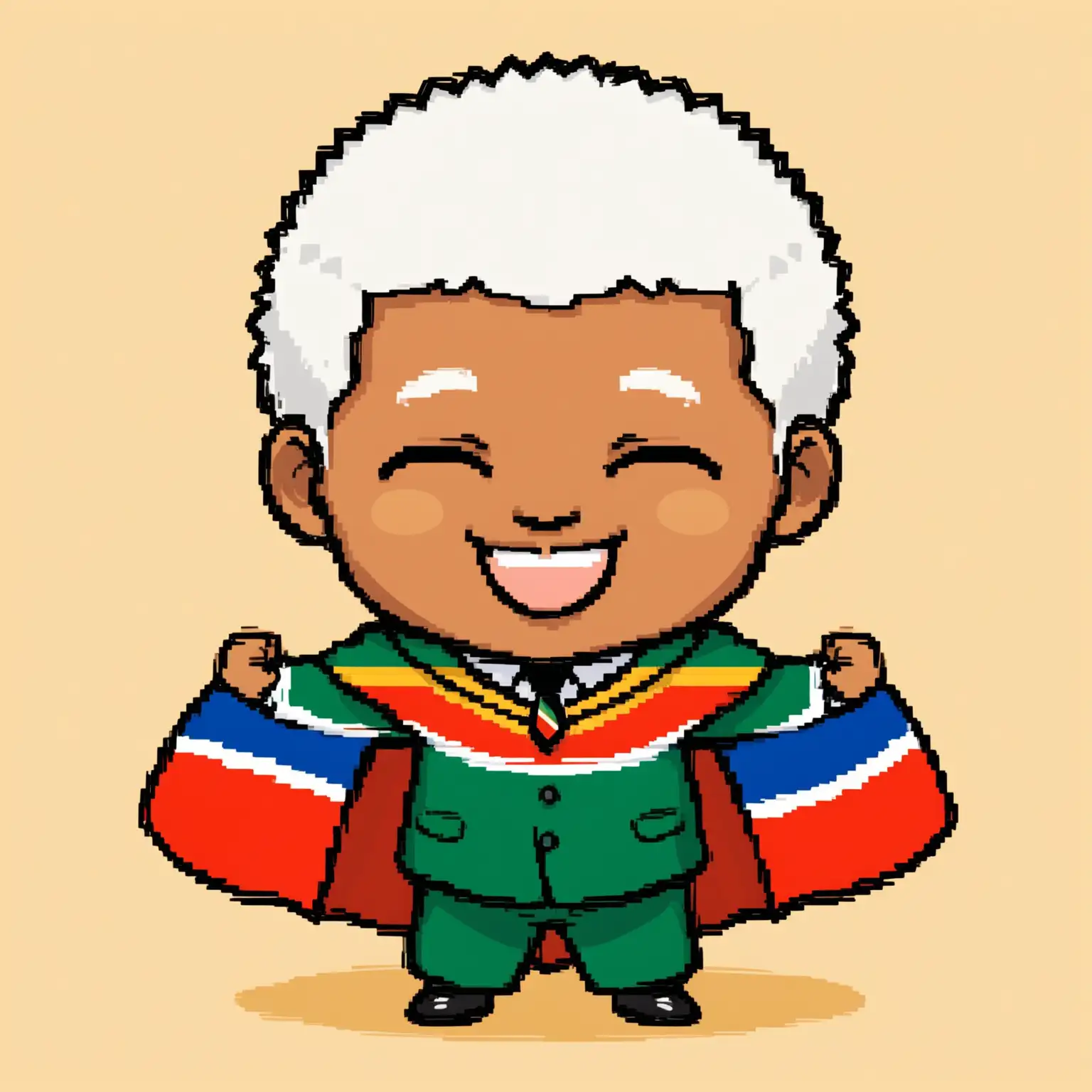 Illustrate an image of Nelson Mandela with "chibi" style. He should be wearing a south african flag cape, smiling, with raised fists. The background is a white.