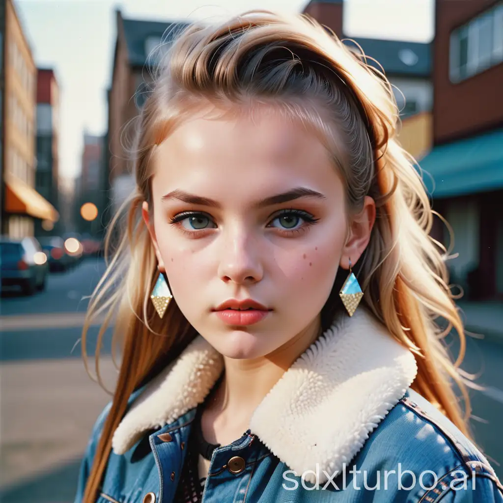 photo of Slavic Y2K girl, close-up, Kodak 64 film emulation, high color saturation, glossy lips, smokey eyeliner, chunky face-framing highlights, denim jacket with fur collar, sparkly barrettes in hair, detailed face with inviting gaze, urban Eastern European backdrop with soft-focus estate blocks, early 2000s nostalgia, film grain texture, direct flash effect